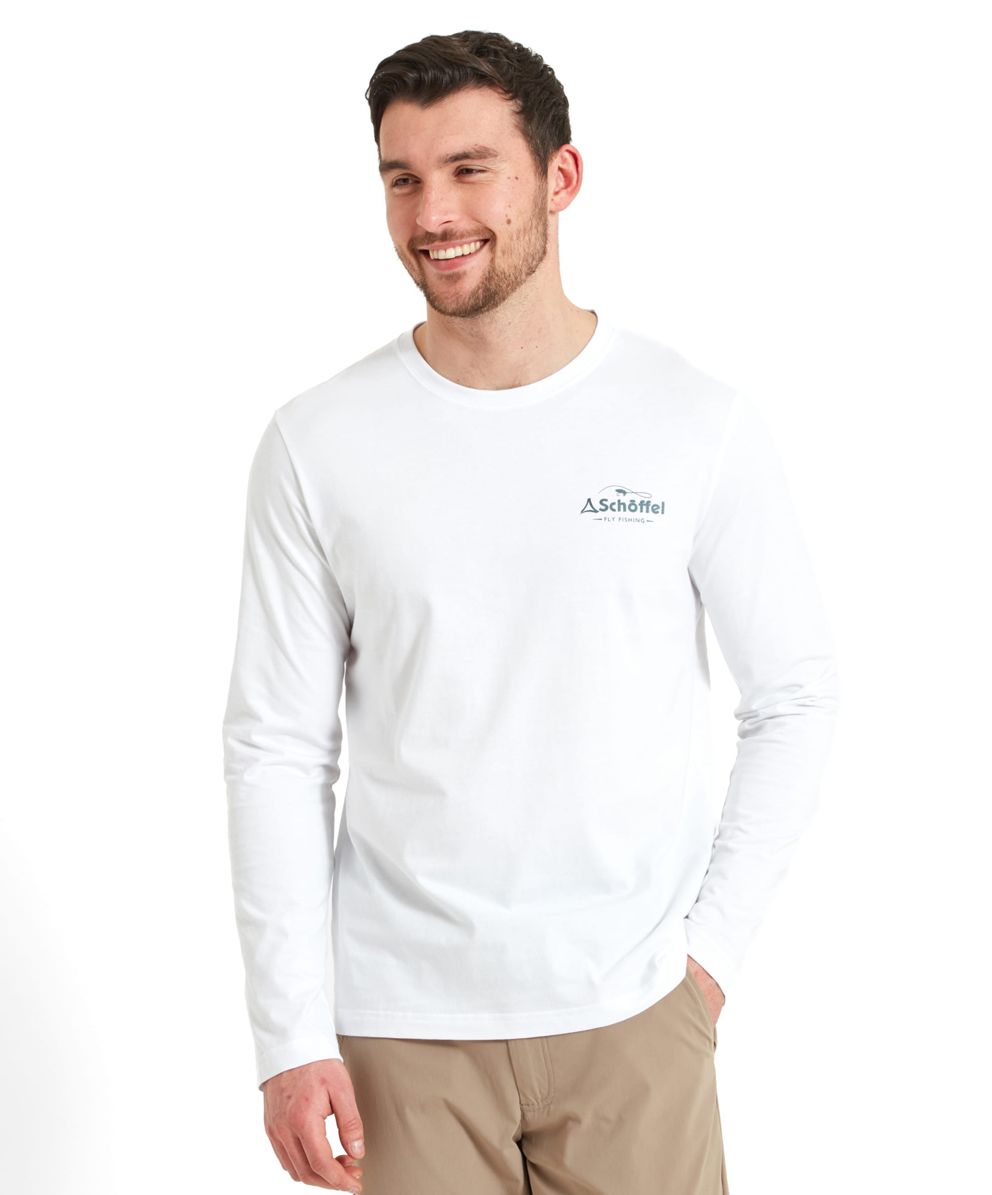 Front view of the Schöffel Esk T-Shirt for Men in White, featuring a small Schöffel Fly Fishing logo on the left chest, modeled by a smiling man.