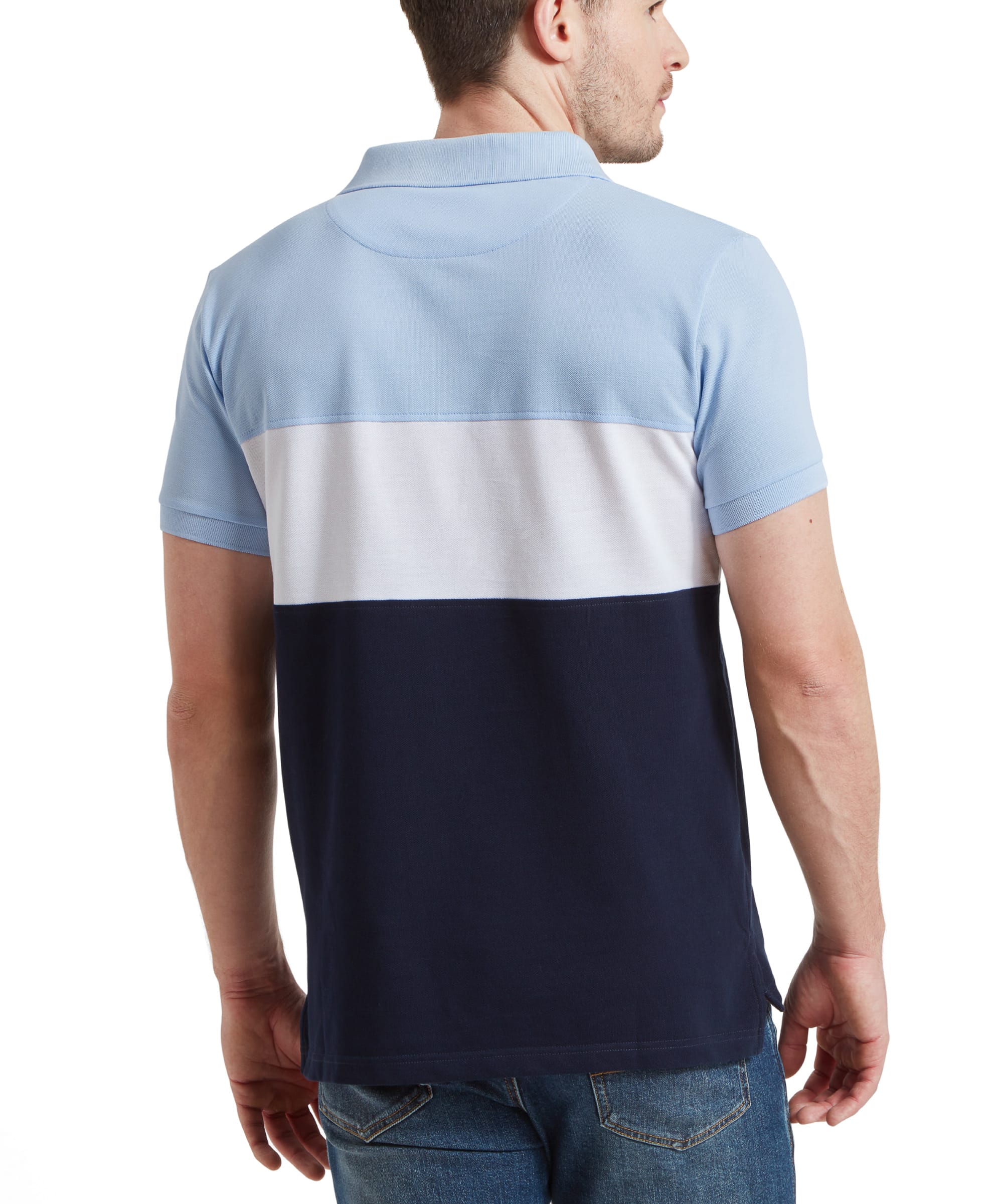 Rear view of the man wearing the Schöffel Men's Exeter Heritage Polo Shirt in Blue, showing the back design.