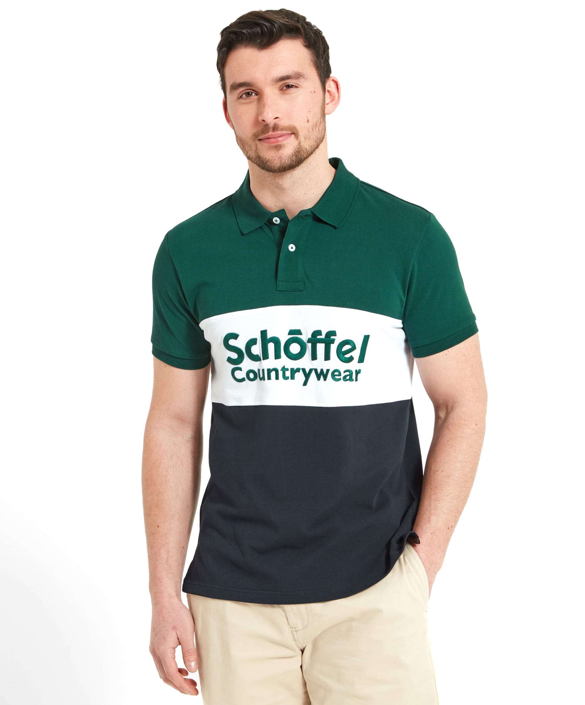 Man wearing a Schöffel Exeter Heritage Polo Shirt for Men in Navy, standing and posing with a neutral expression.