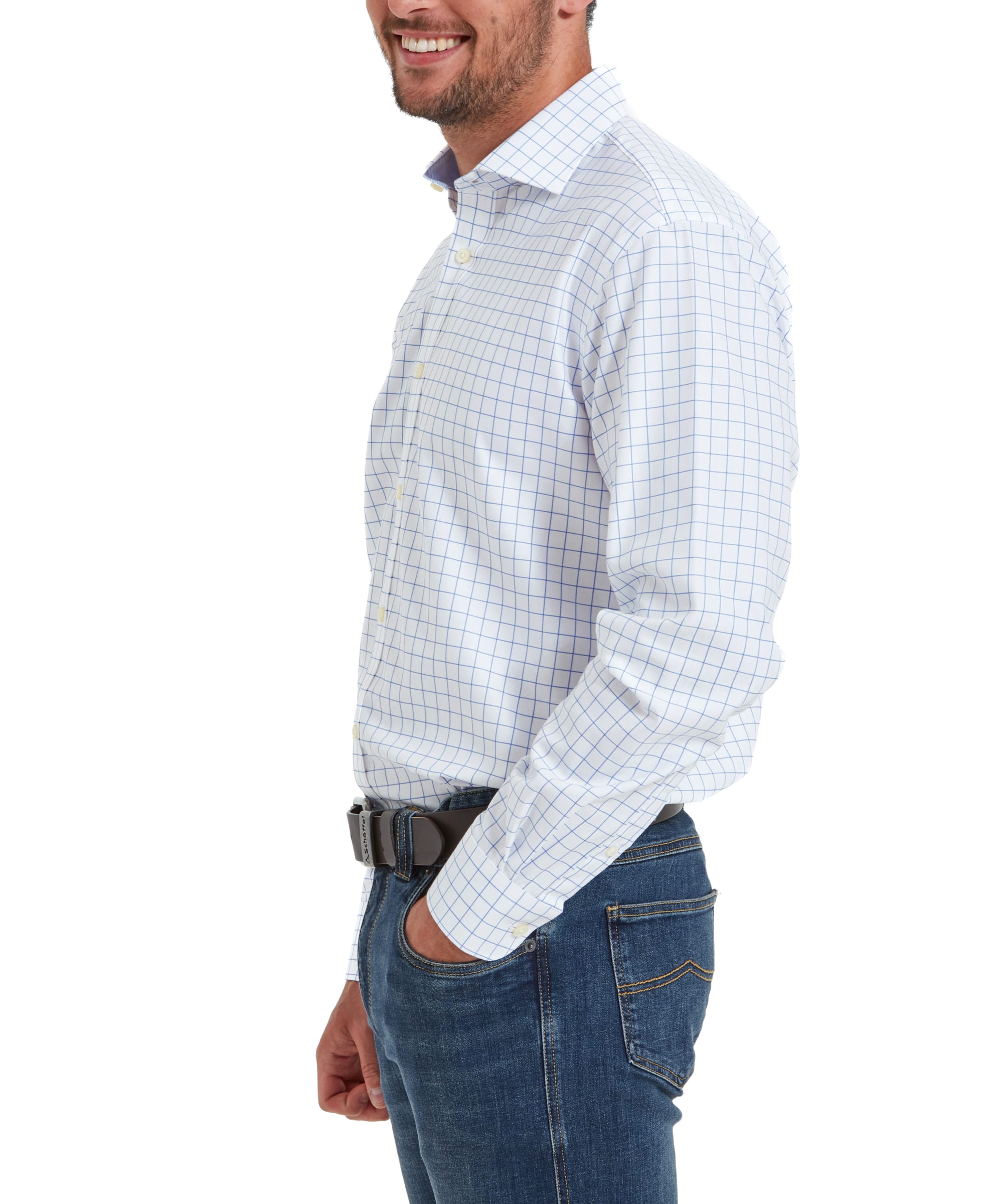 The same man is seen from the side, smiling, with his right hand in his pocket. The Schoffel Greenwich Tailored Shirt for Men in Blue Check is clearly visible.