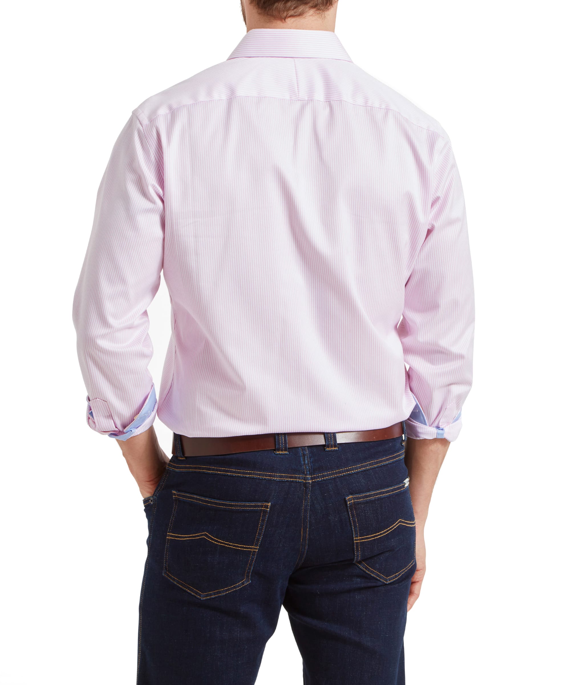 Back view of the Schöffel Greenwich Tailored Shirt for Men in Pink Stripe, with sleeves rolled up.