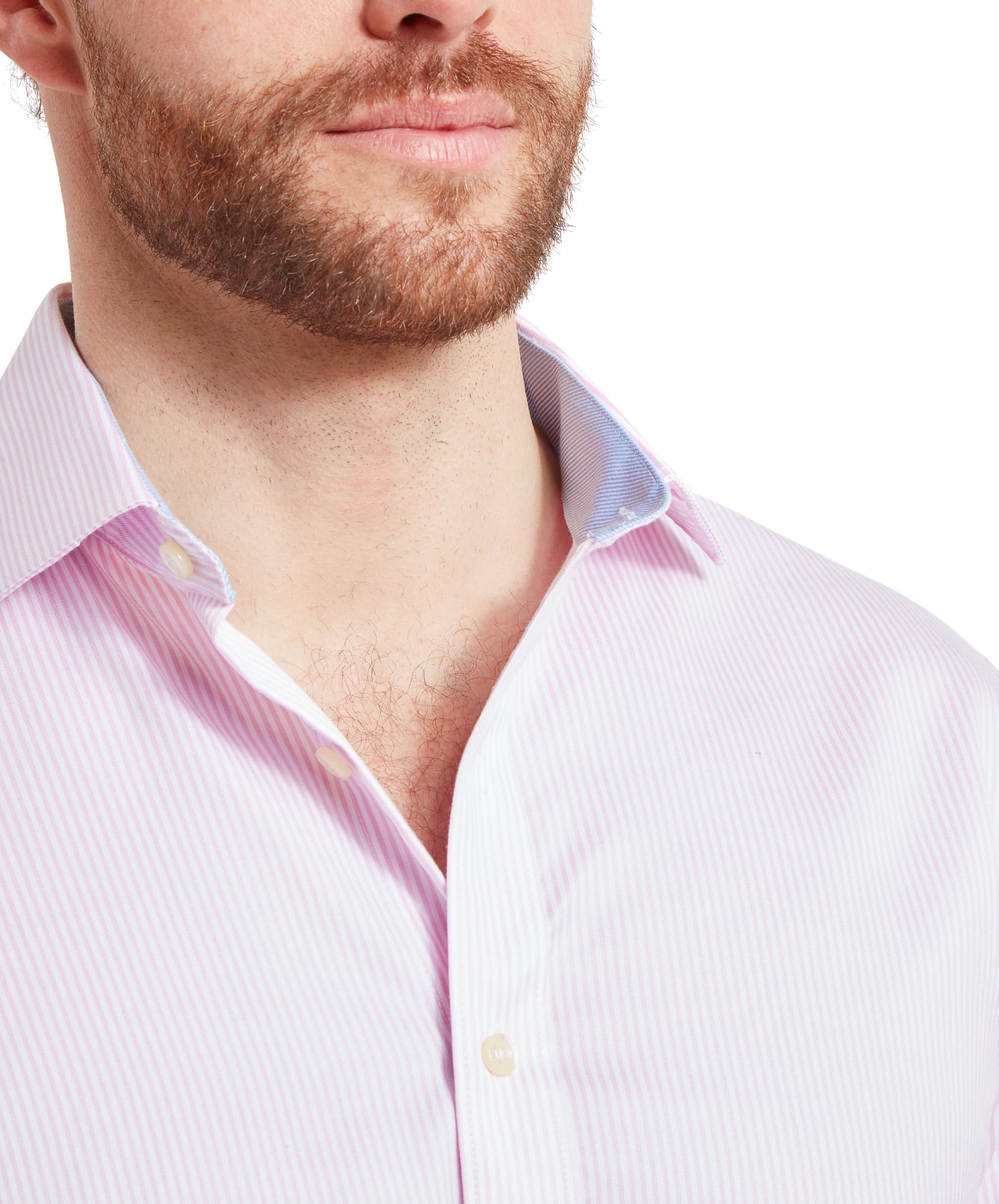 Close-up of the collar of the Schöffel Greenwich Tailored Shirt for Men in Pink Stripe.