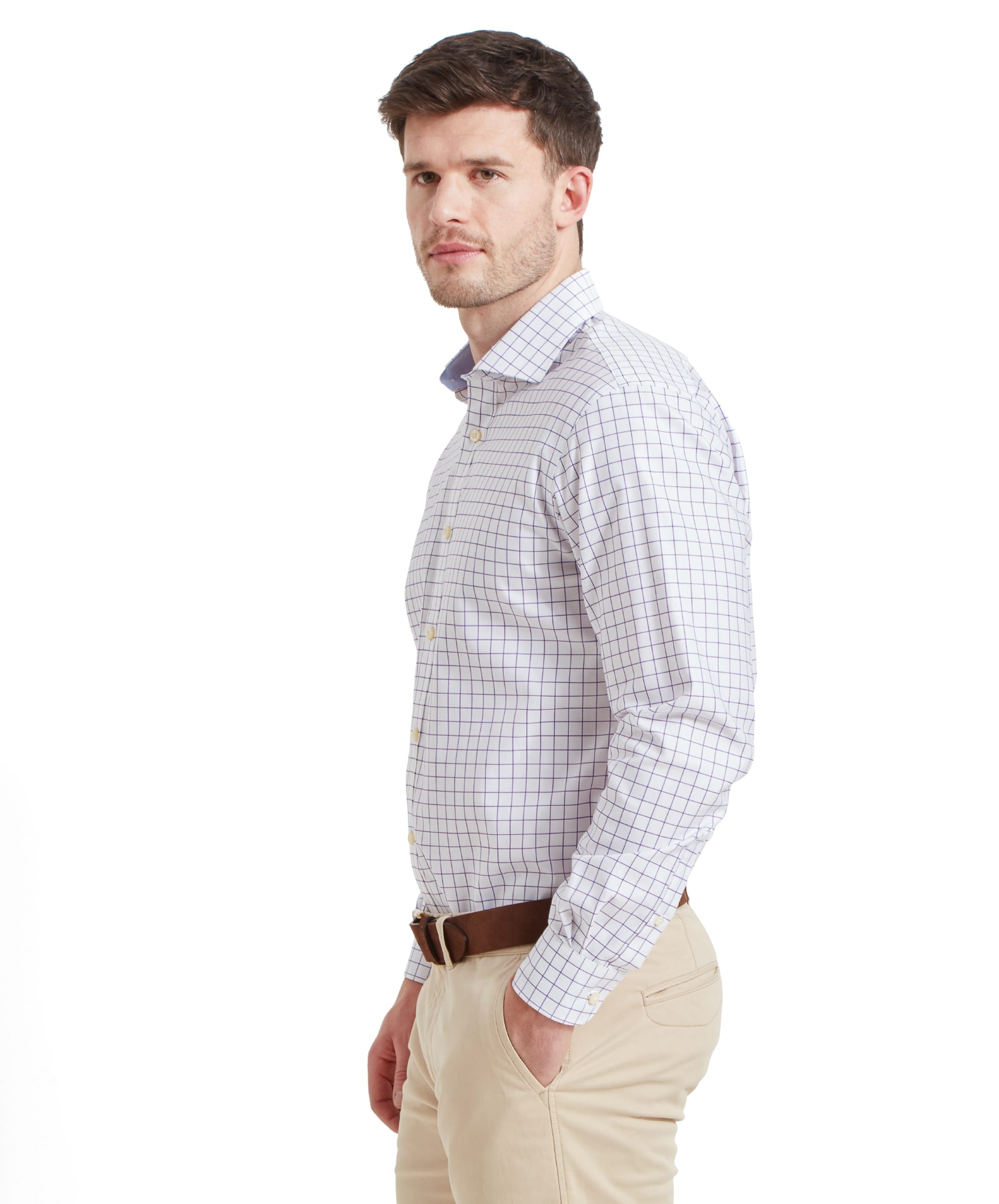 Side profile of a man in the Schöffel Greenwich Tailored Shirt for Men in Purple, displaying the shirt's cut and style.