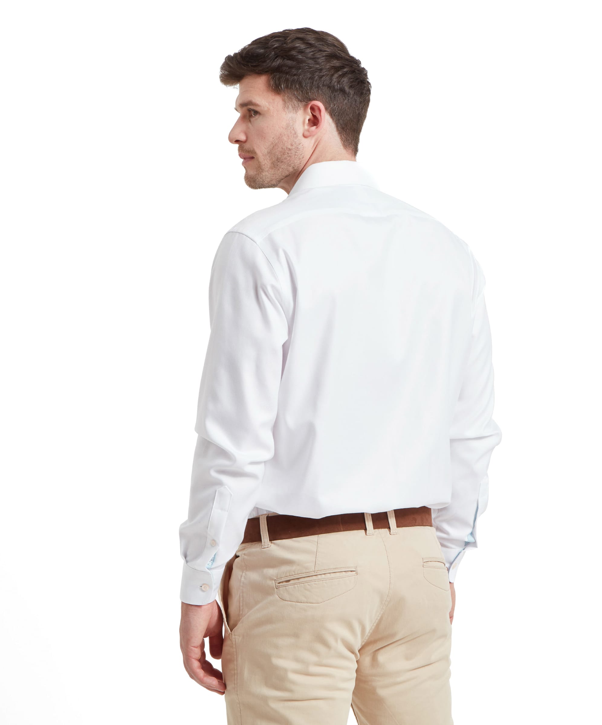 Back view of model in Schöffel Greenwich Tailored Shirt for Men in White.