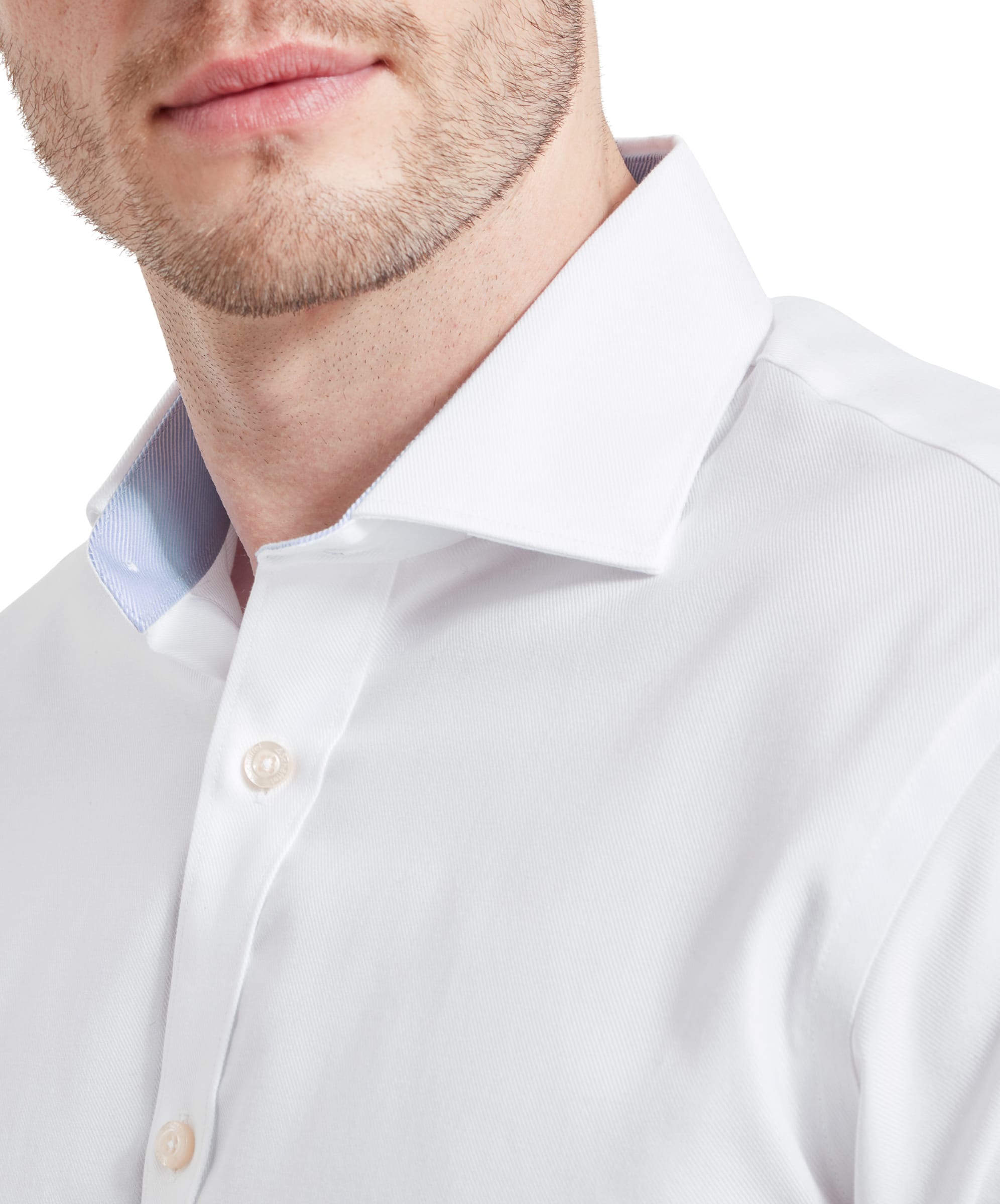 Close-up of collar and upper chest of the Schöffel Greenwich Tailored Shirt for Men in White.