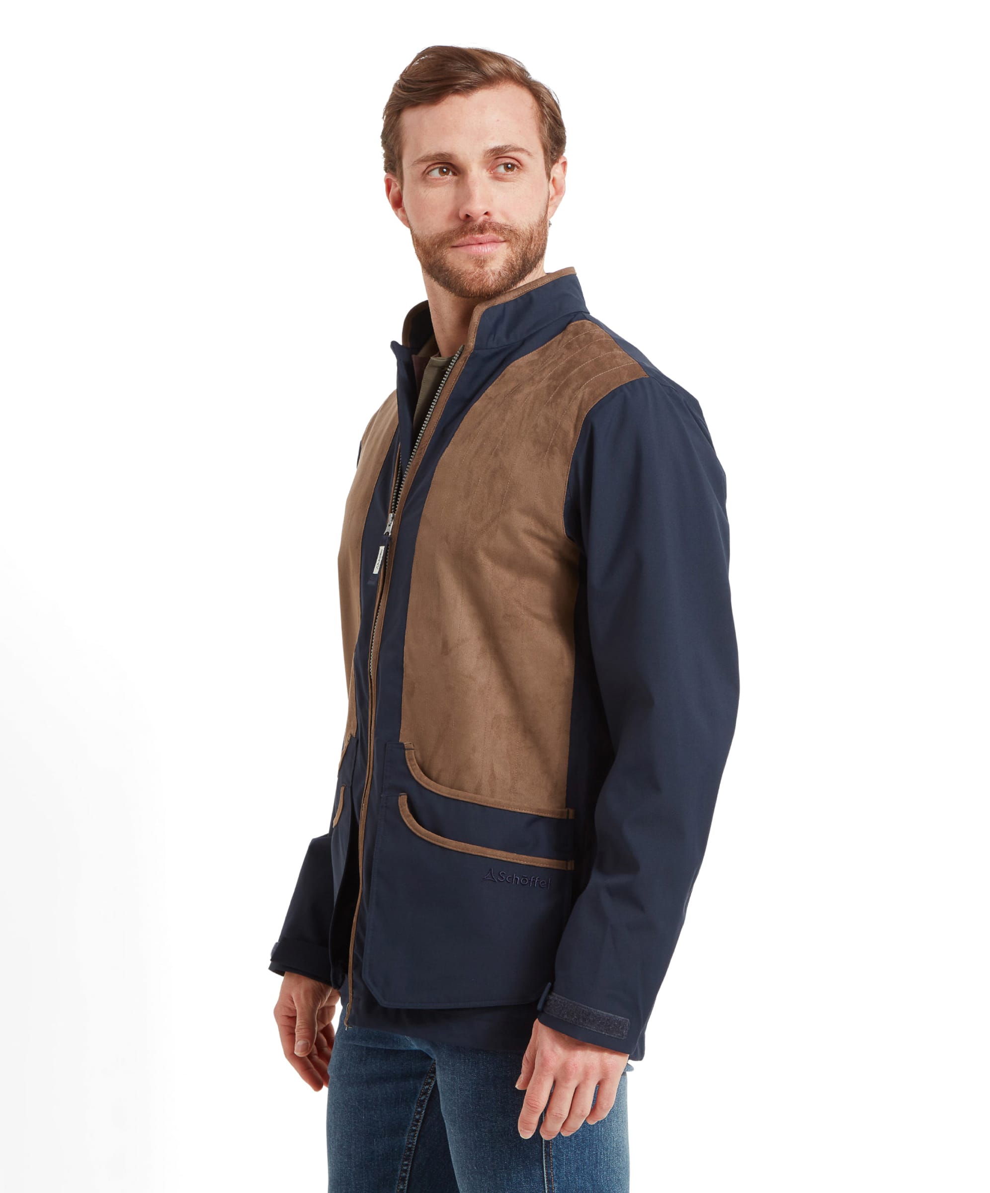 Side view highlighting the Schöffel Grimsthorpe Clay Shooting Jacket for Men in Blue's fit and details.