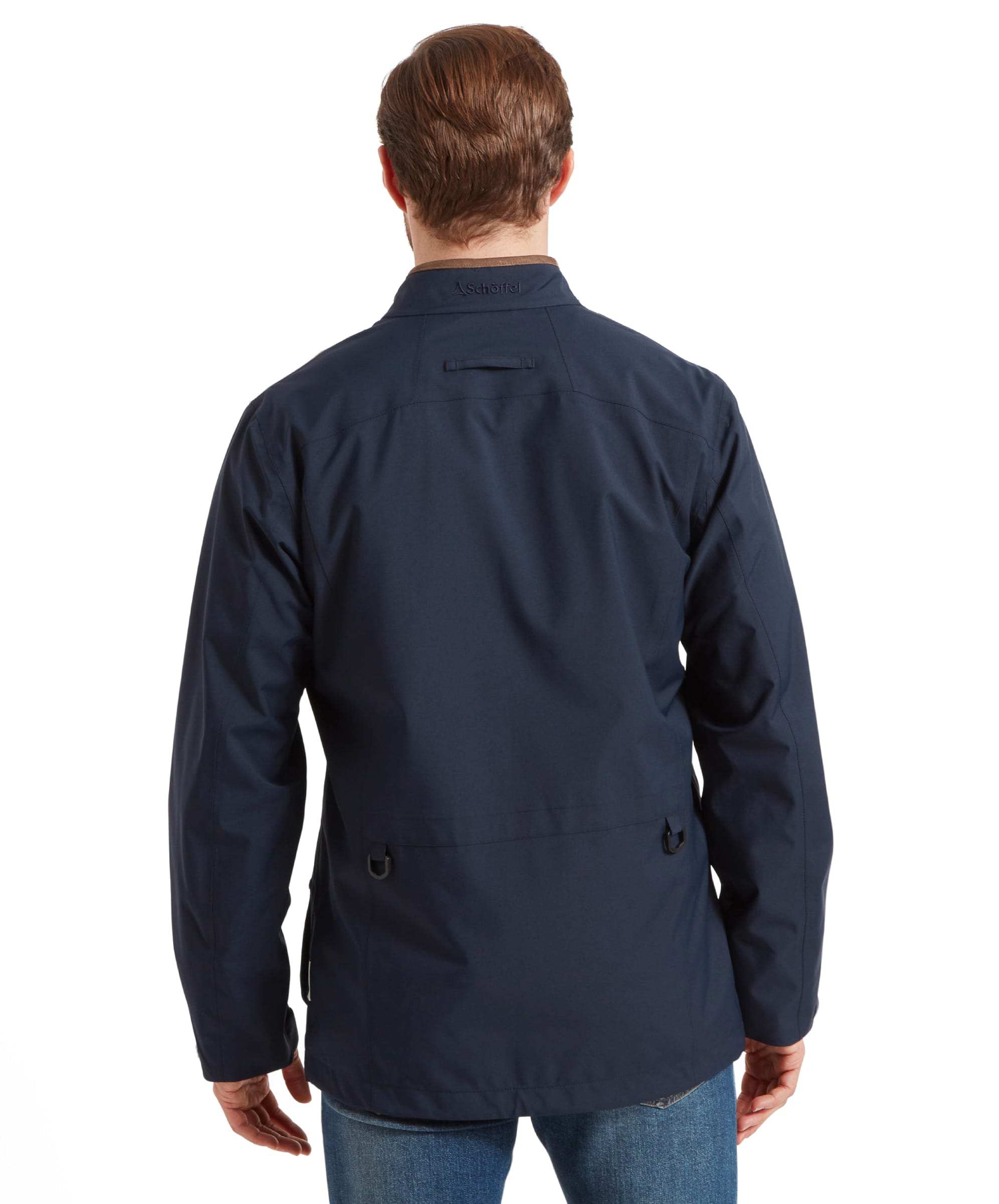 Rear view showing the back of the Schöffel Grimsthorpe Clay Shooting Jacket for Men in Blue.