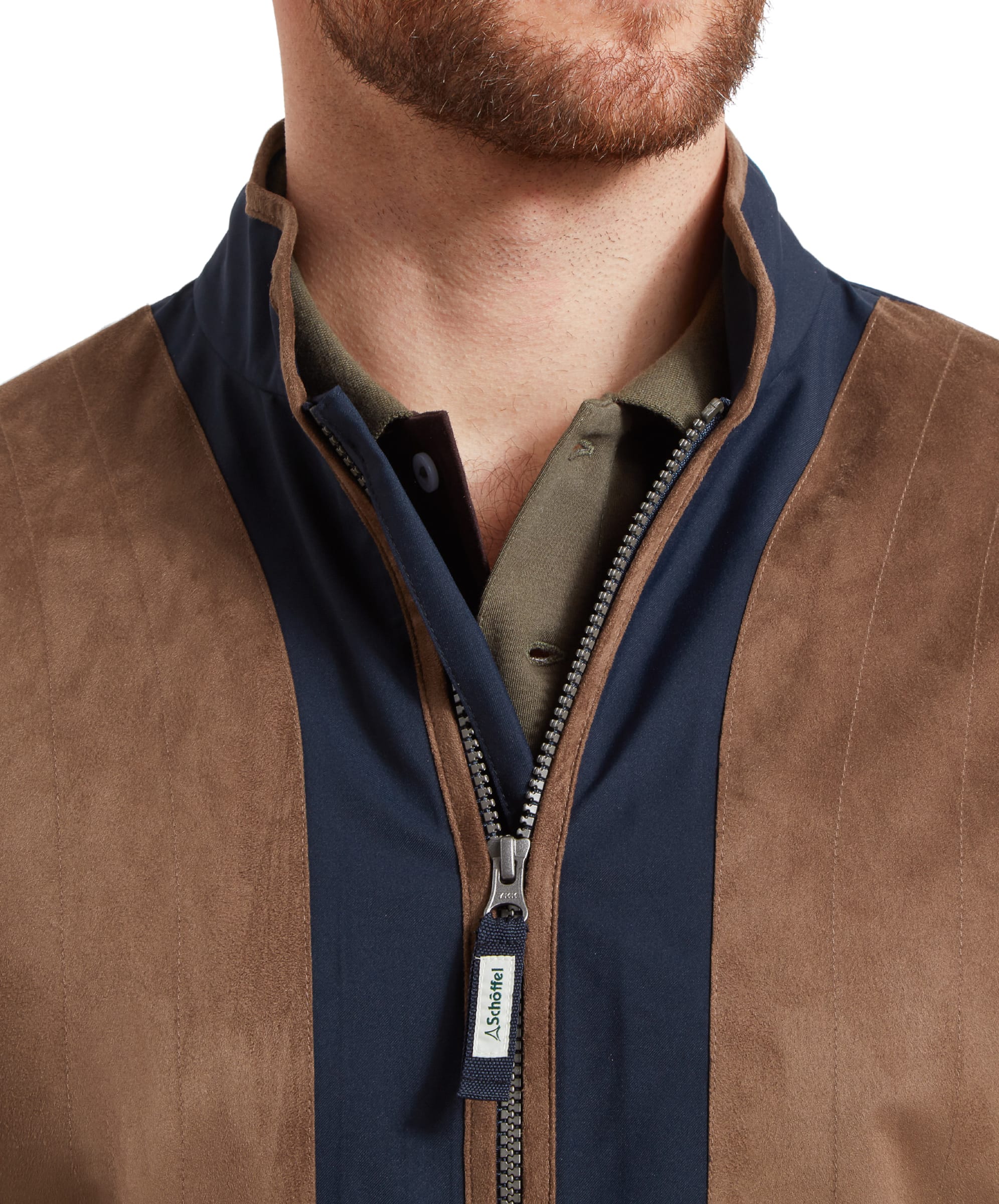 Close-up of the collar area on the Schöffel Grimsthorpe Clay Shooting Jacket for Men in Blue, showcasing the zipper and material contrast.