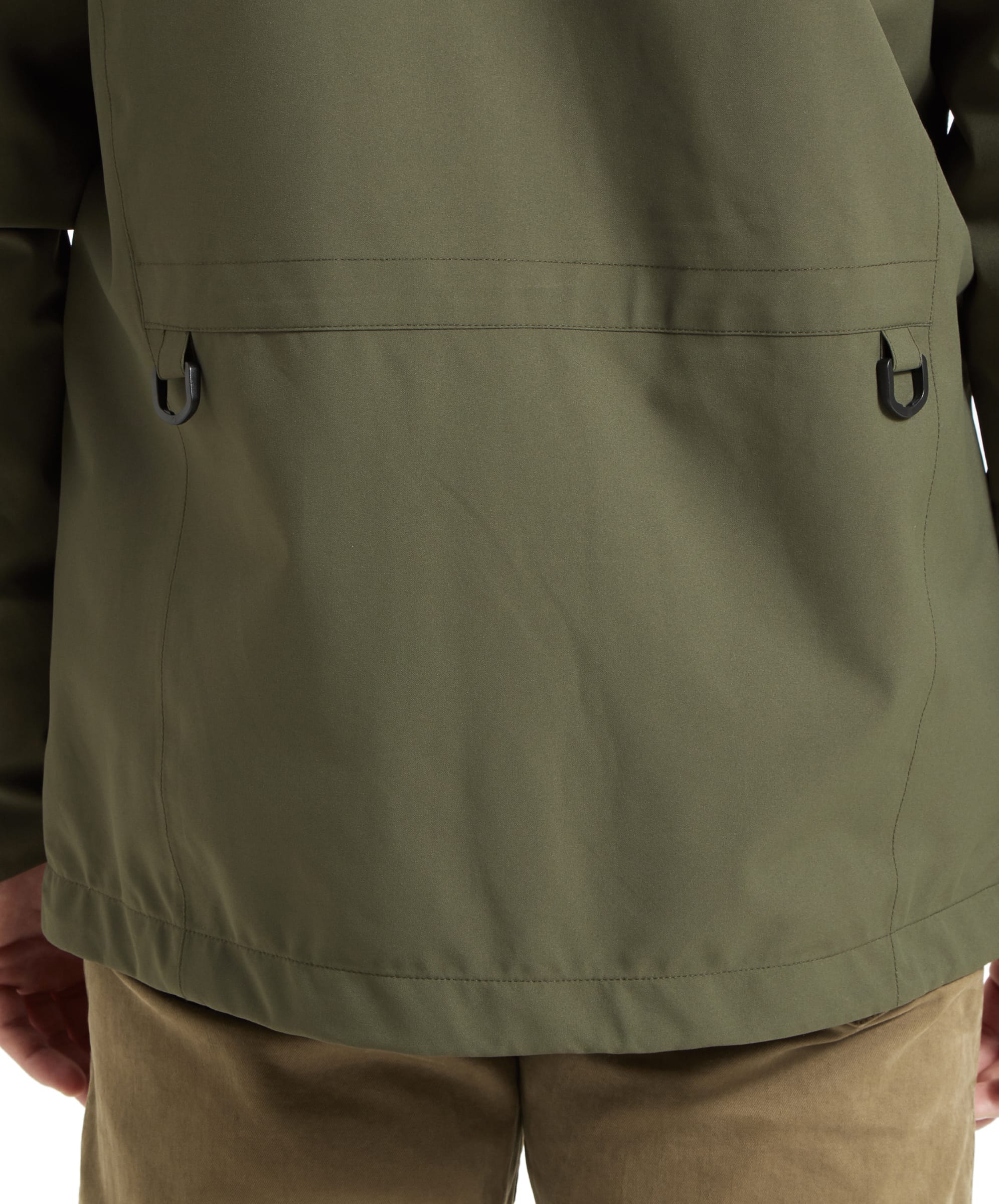 Detailed view of the back of the Schöffel Grimsthorpe Clay Shooting Jacket in Green, showing the D-ring detail.