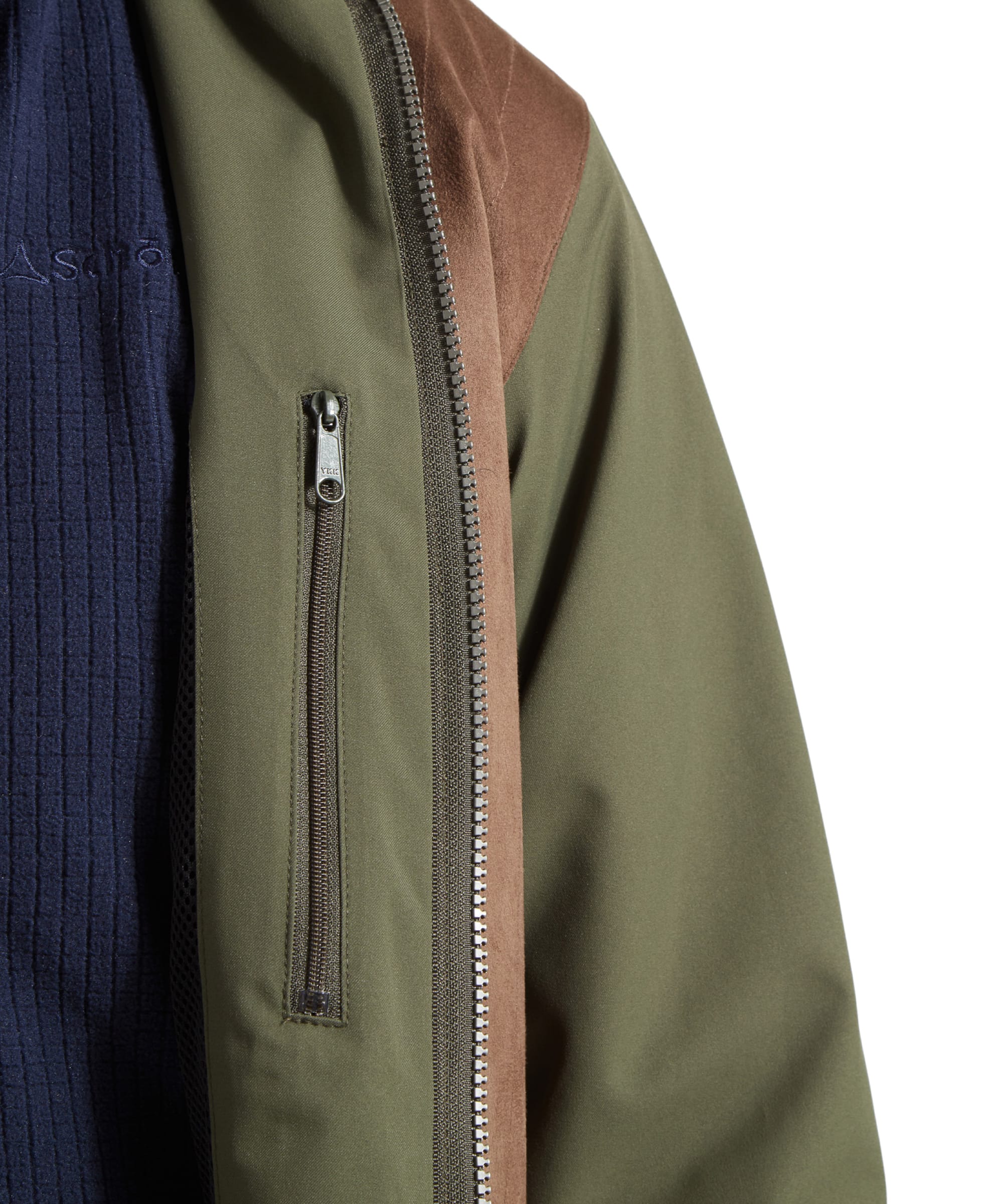 Close-up of the security pocket on the Schöffel Grimsthorpe Clay Shooting Jacket in Green, displaying the zipper and pocket design.