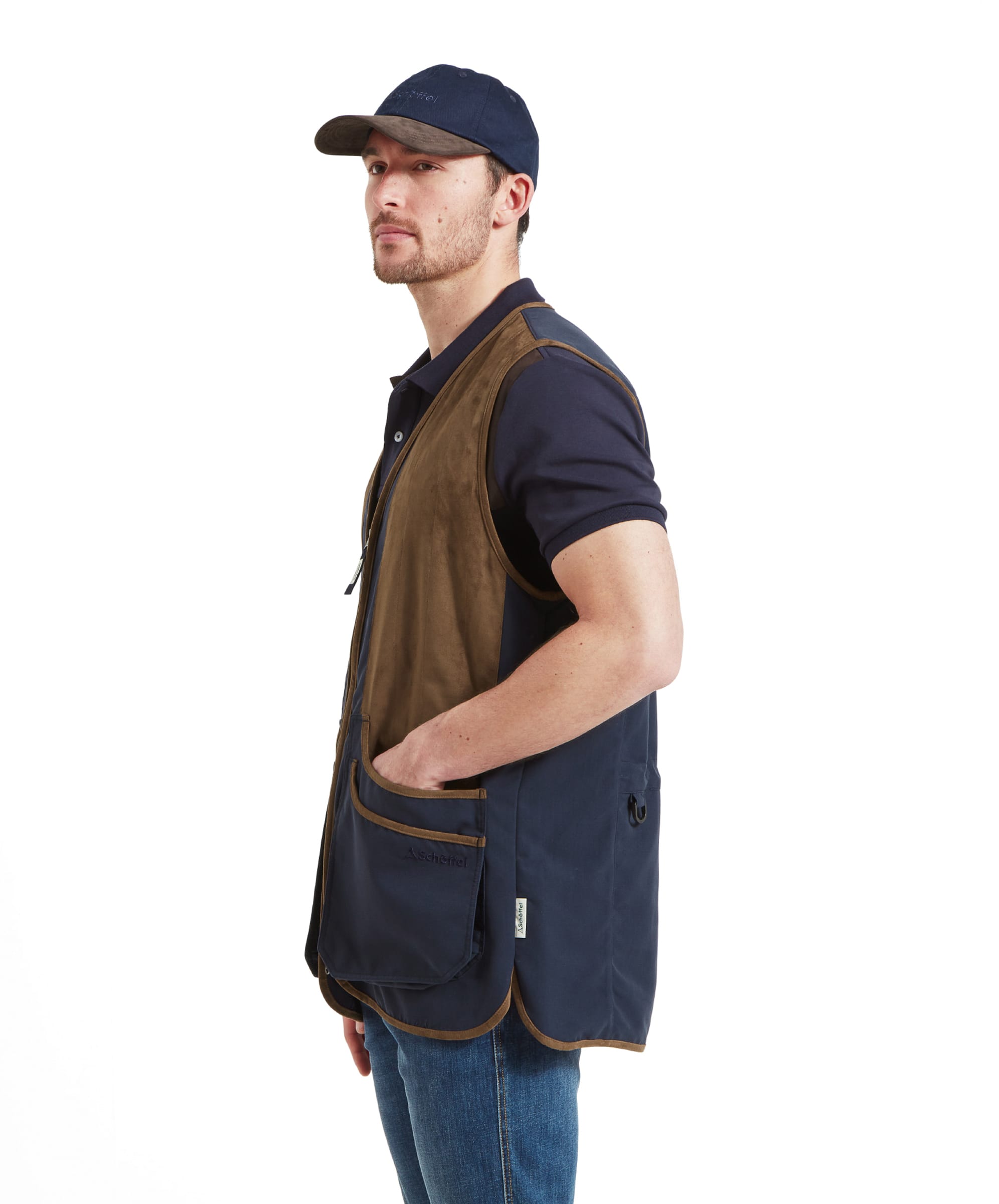 Side profile of a man in the Schöffel Grimsthorpe Clay Shooting Vest for Men in Blue, highlighting the fit and design.