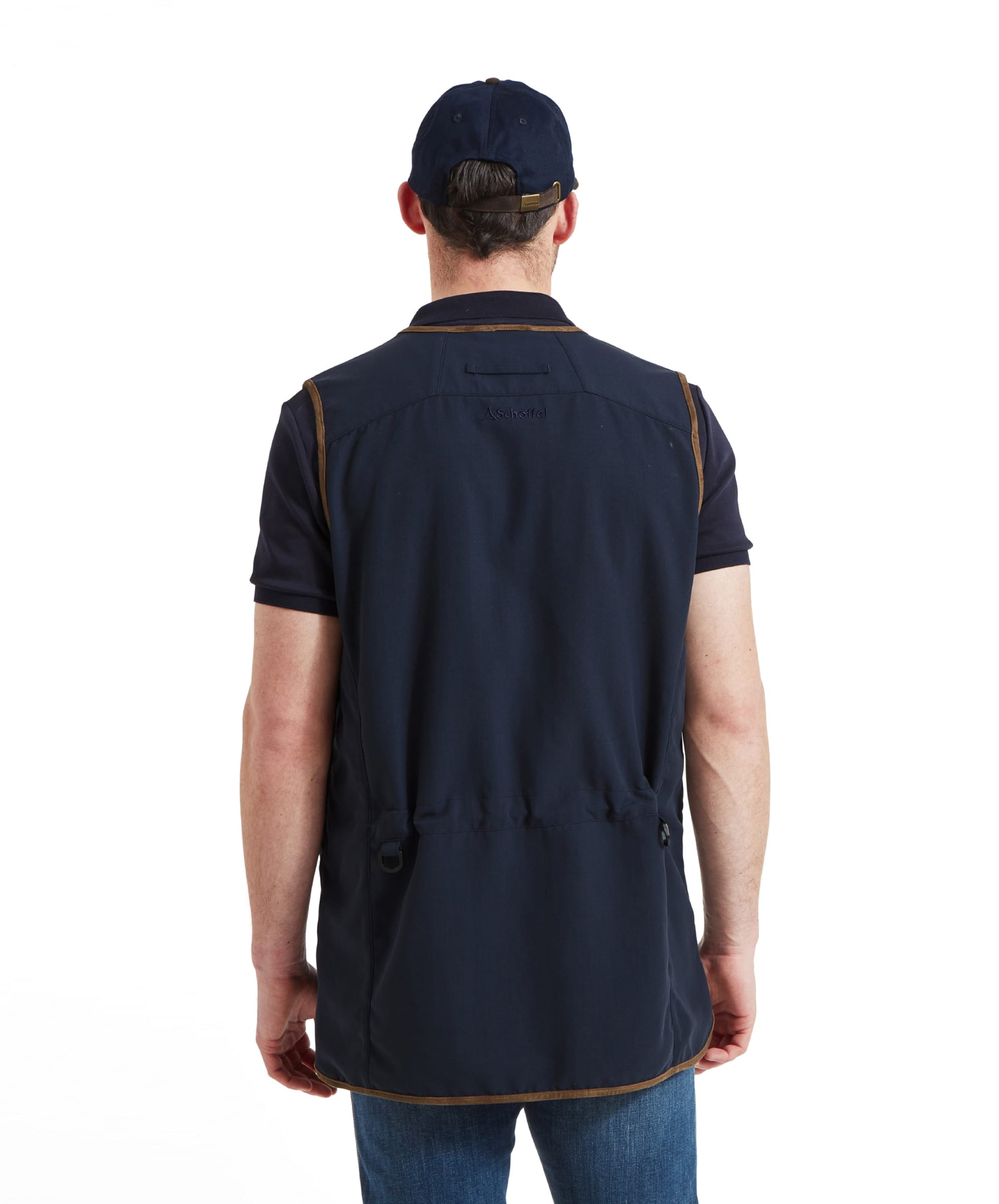 Back view of the Schöffel Grimsthorpe Clay Shooting Vest for Men in Blue, showcasing the back detailing.