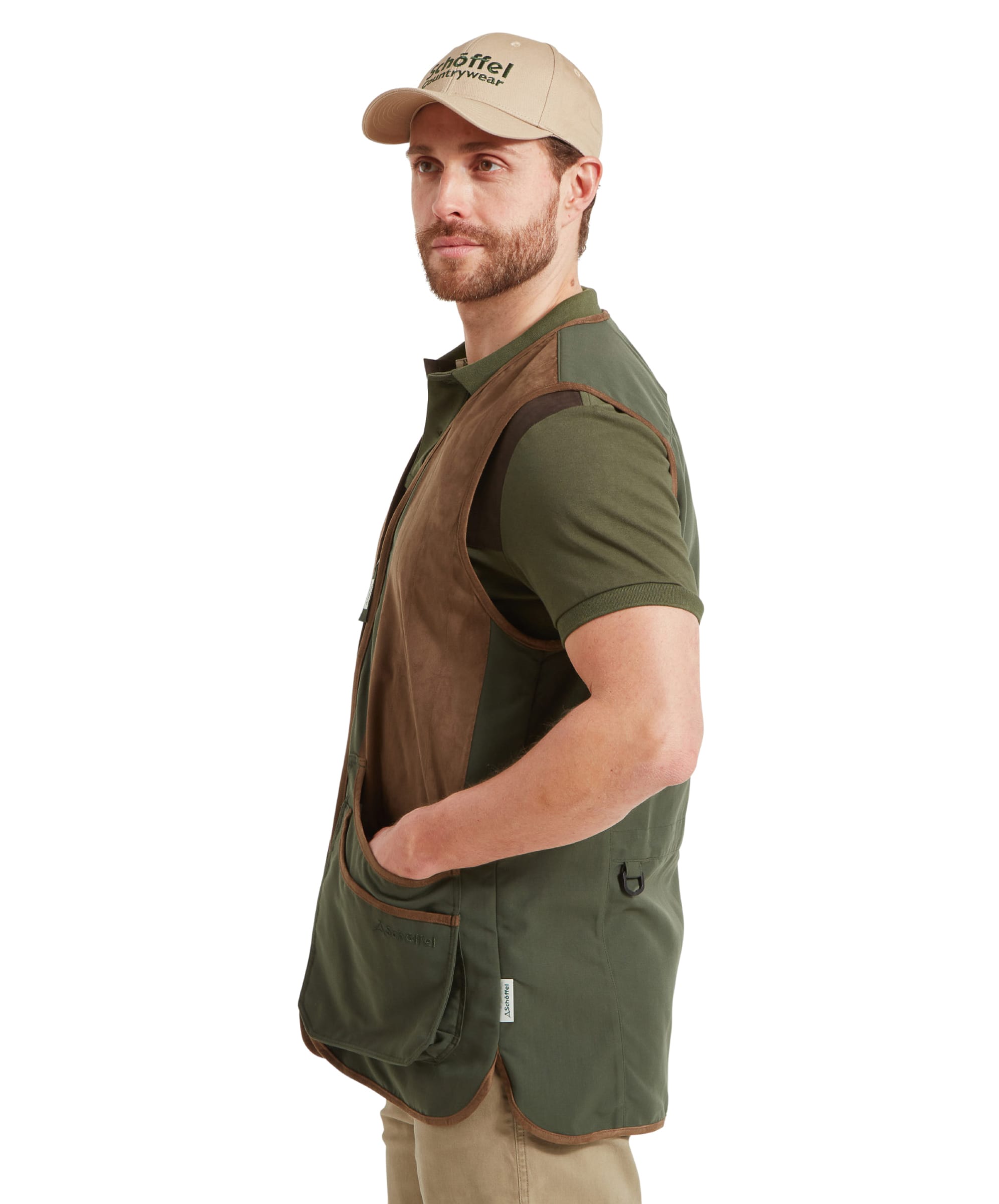 Side profile of a man in the Schöffel Grimsthorpe Clay Shooting Vest for Men in Green, highlighting the fit and design.