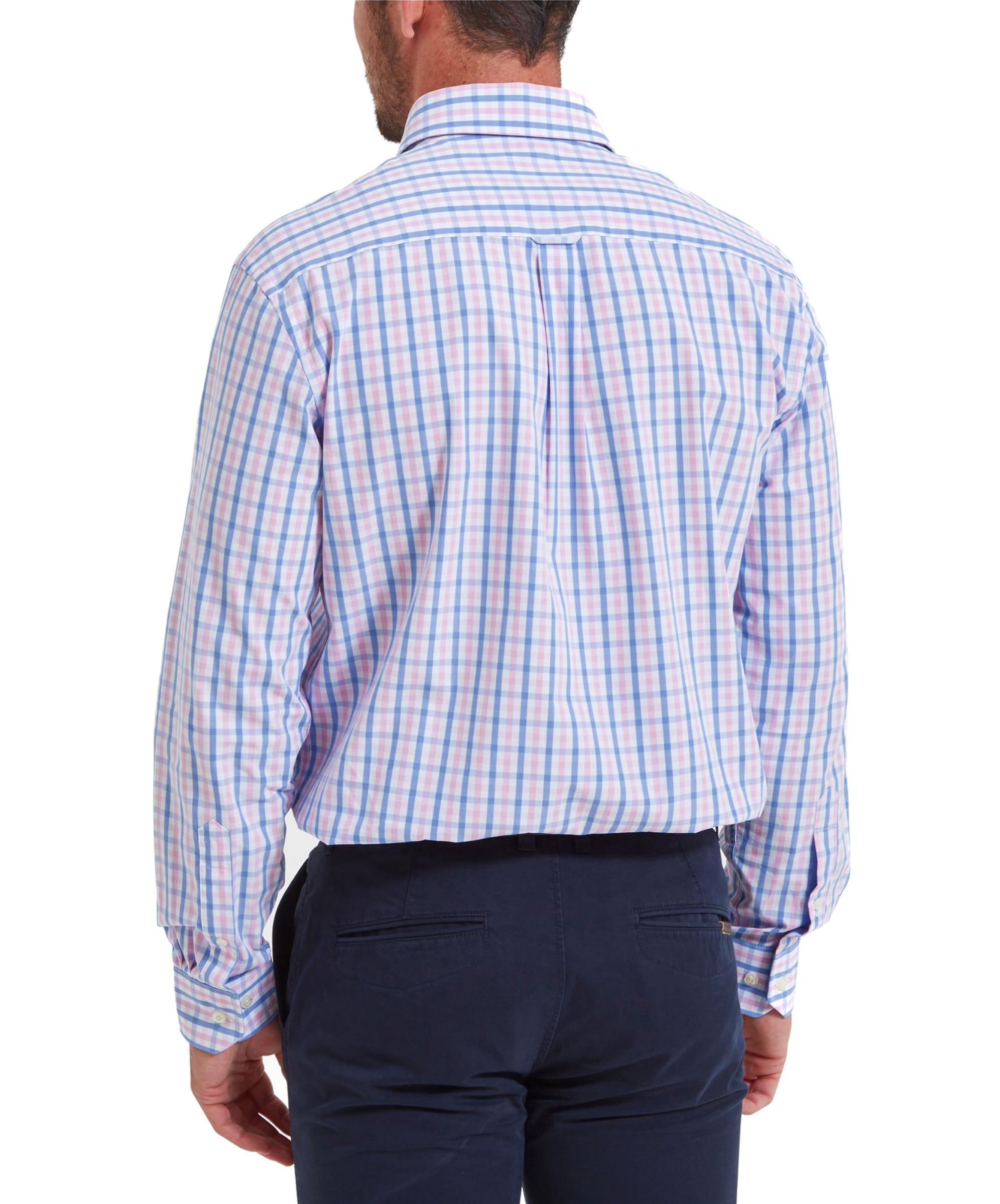 Back view of the Schöffel Hebden Tailored Shirt for Men in Blue and Pink displaying the fit of the shirt.