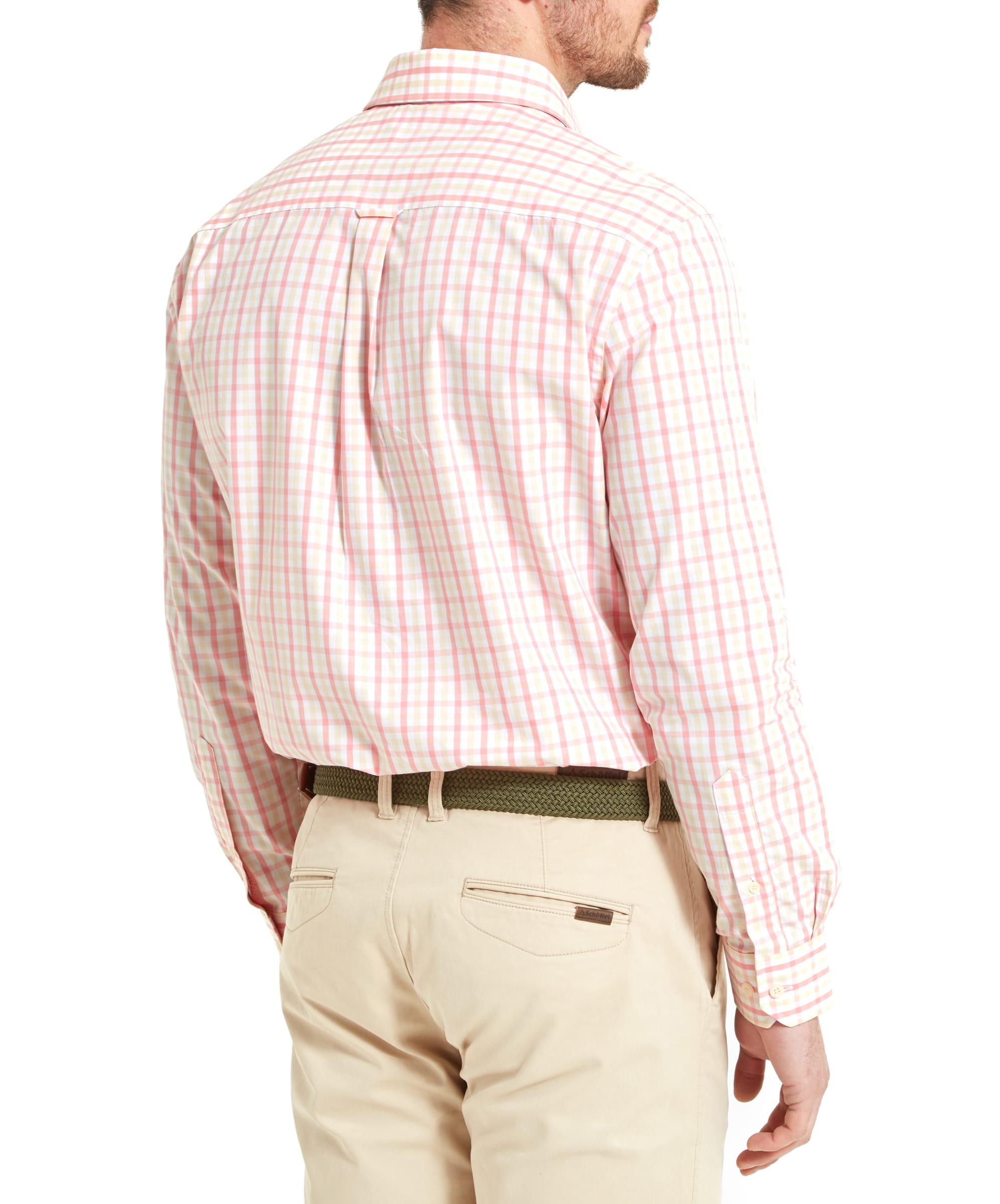 Back view of the Schöffel Hebden Tailored Shirt for Men in Pink Check tucked into beige trousers showing the shirts fit.