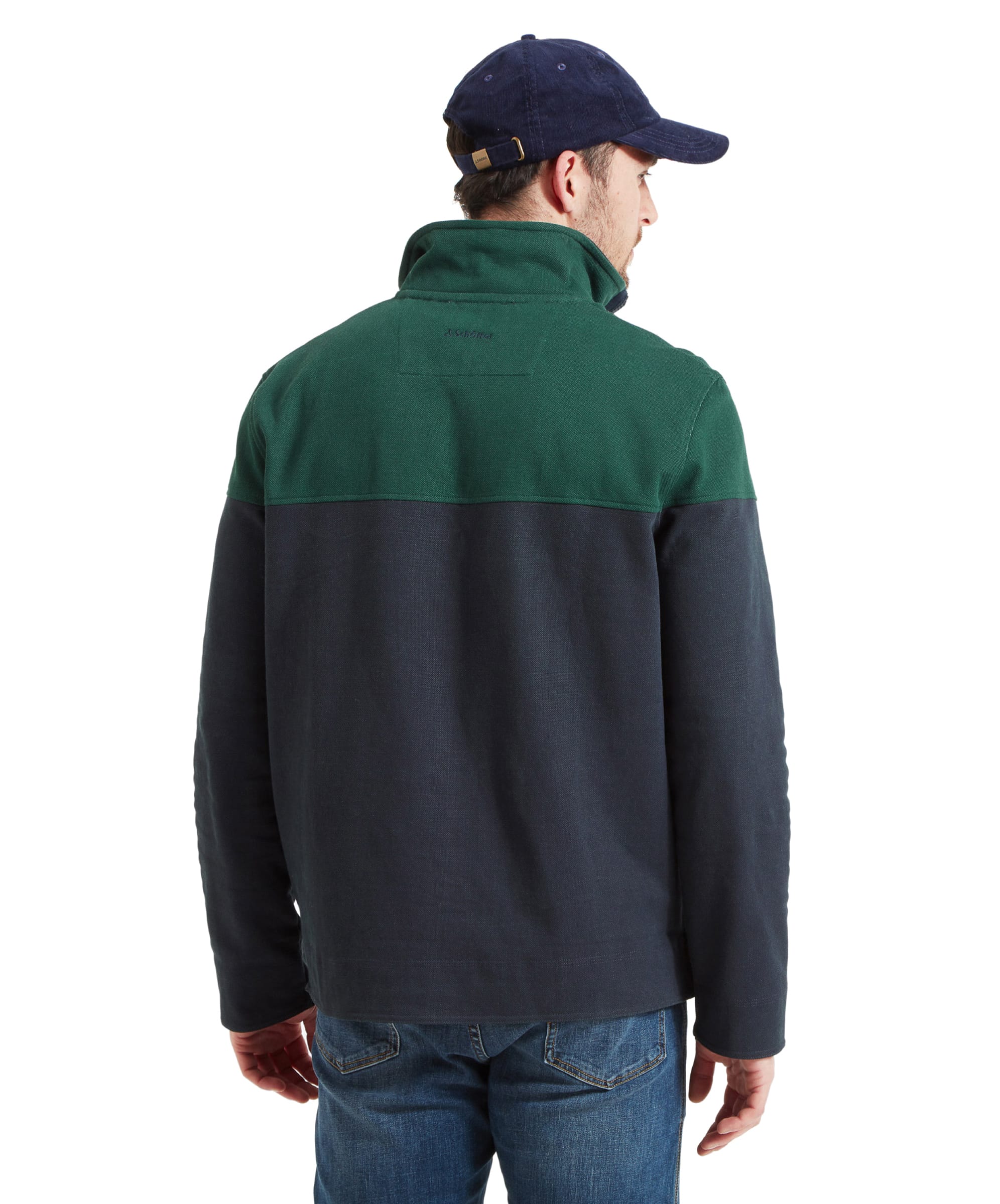 Back view of the Schöffel Helford Heritage Sweatshirt for Men in Green highlighting the blue and green stripe detail of the sweatshirt.