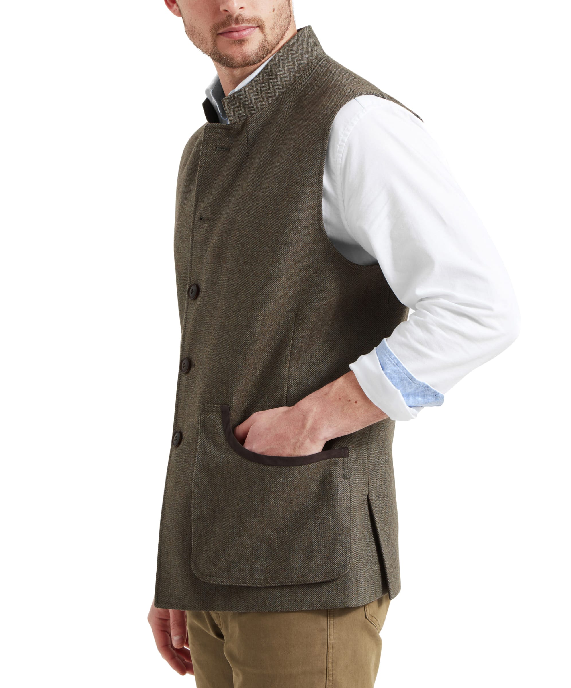 Side view of the Schöffel Holcot Tweed Waistcoat for Men in Green highlighting the pocket design on the front.