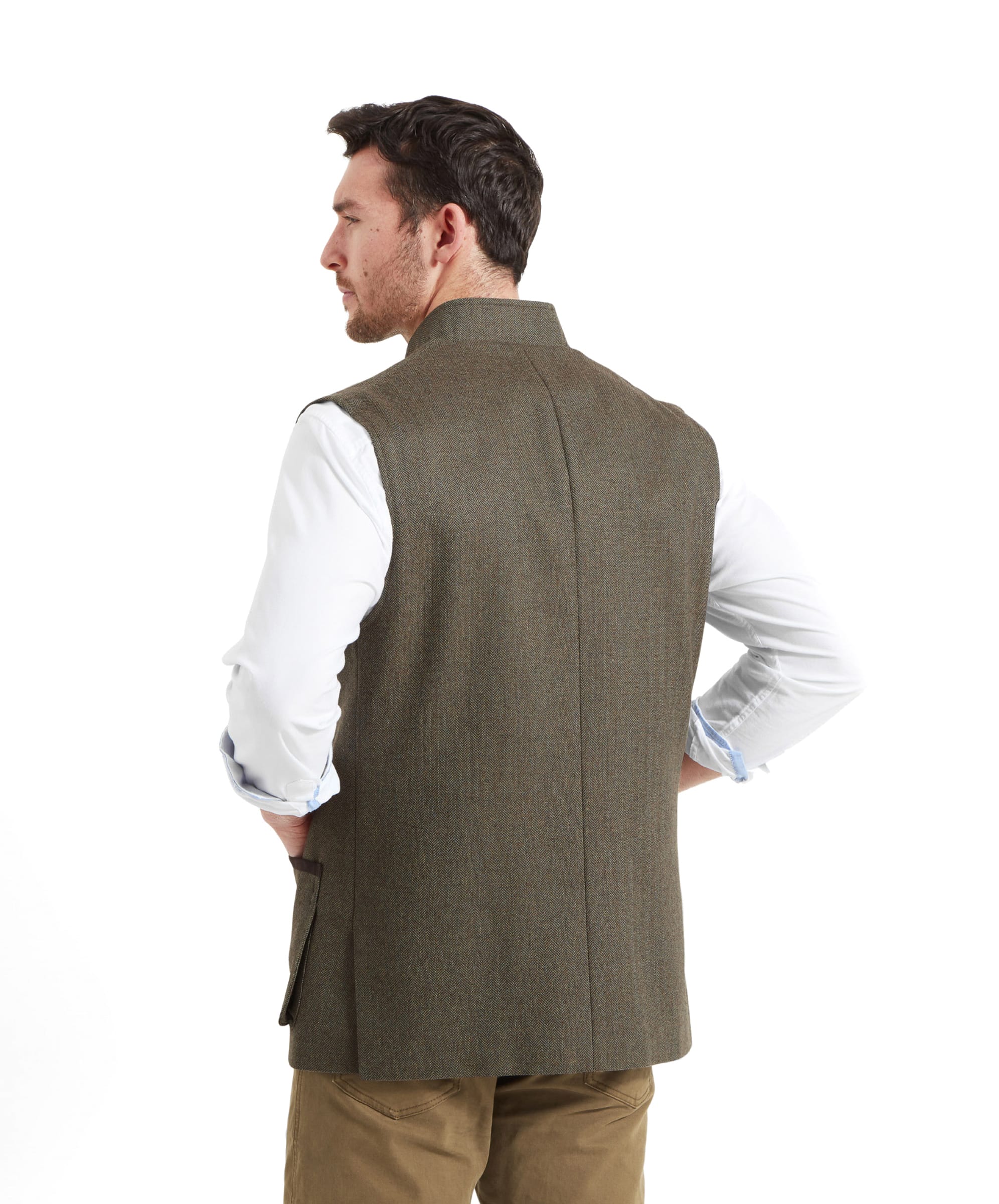 Back view of the Schöffel Holcot Tweed Waistcoat for Men in Green highlighting the fit and structure with the back seam.