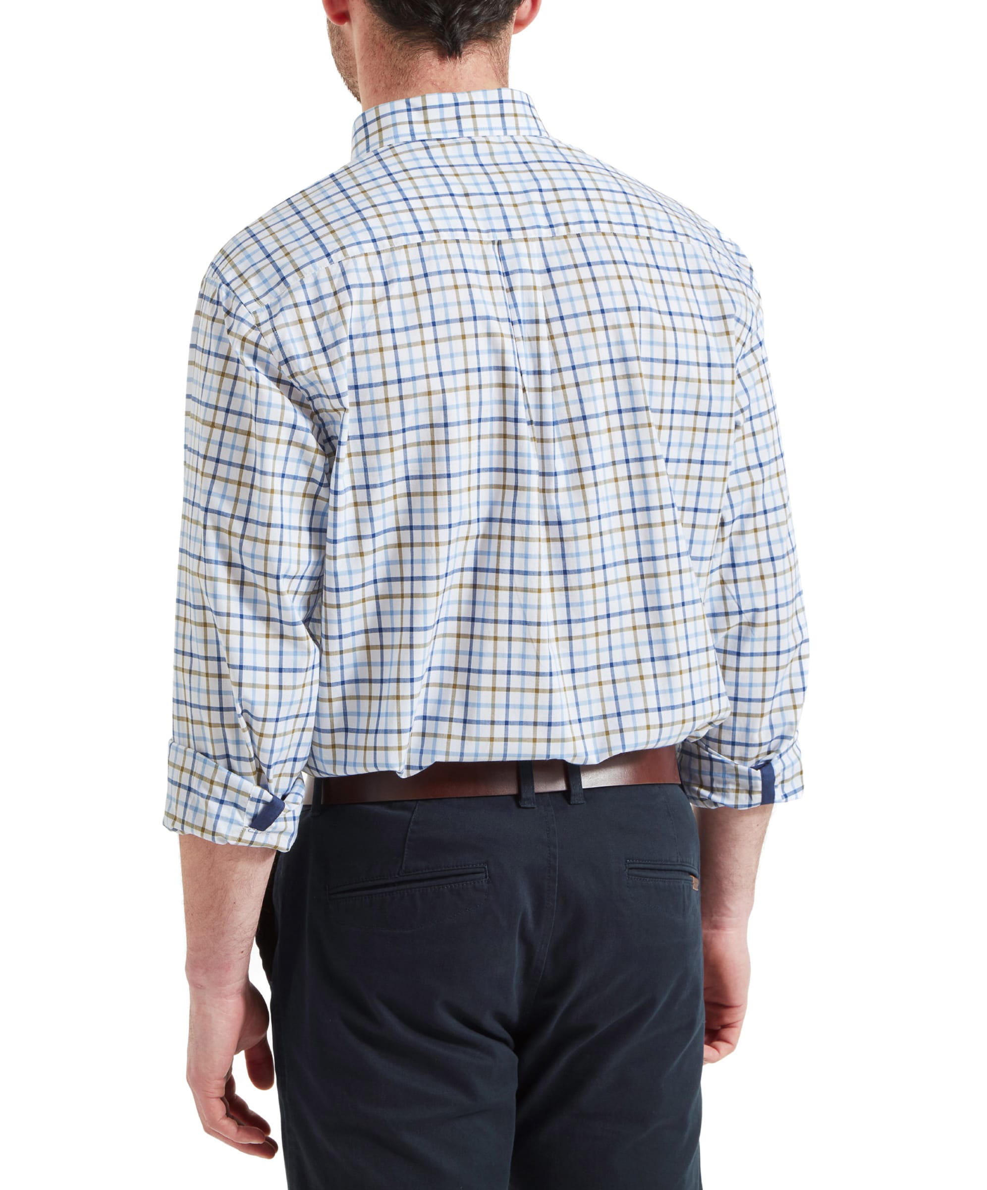 Back view of the Schöffel Holkham Classic Shirt for Men in Navy highlighting the fit and structure of the shirt. The chckered detail of the fabric contains navy, light blue and olive green colours.