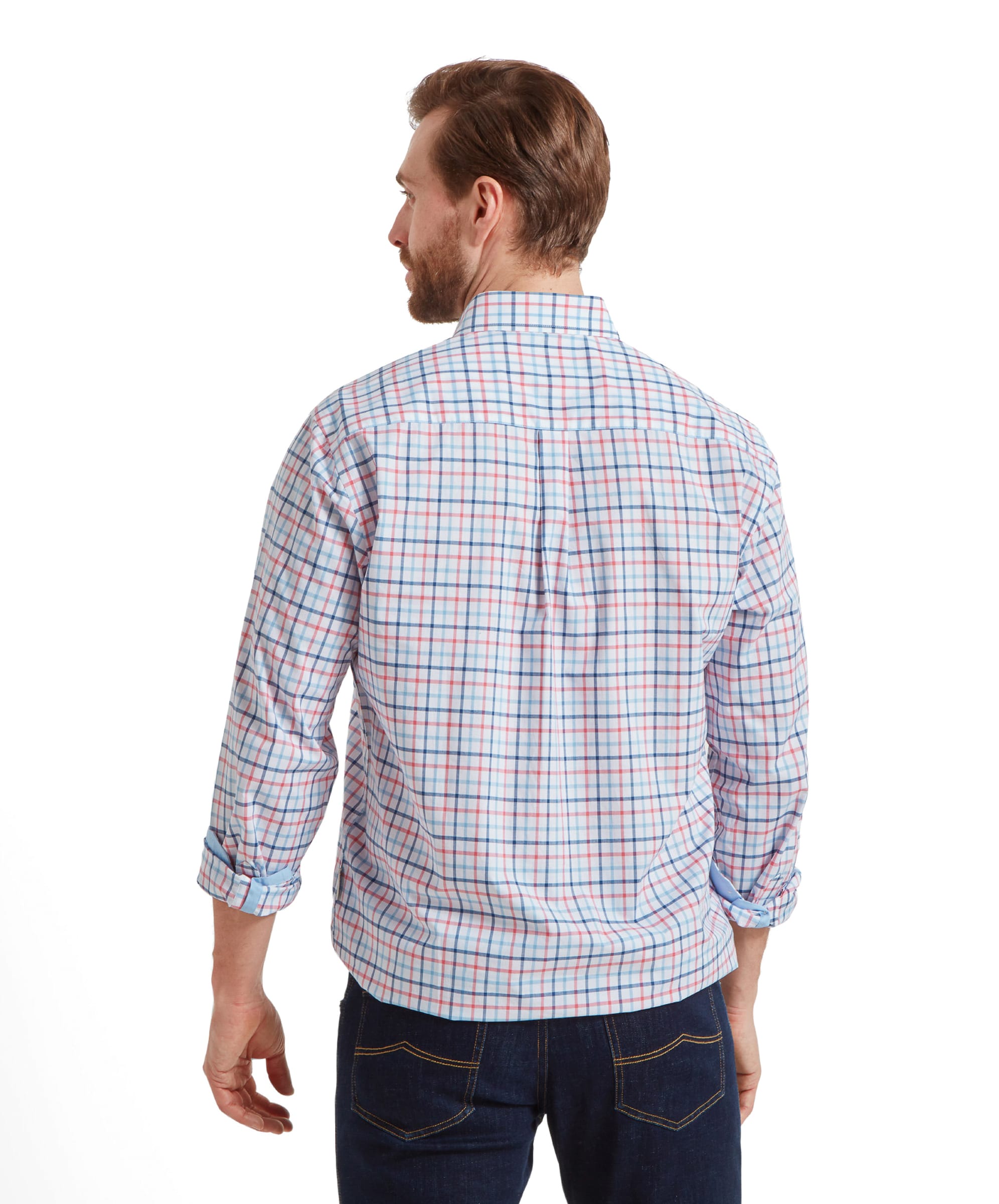 Back view of the Schöffel Holkham Classic Shirt for Men in Navy and Red highlighting the fit and structure of the shirt. The back features a double pleat to allow for movement.