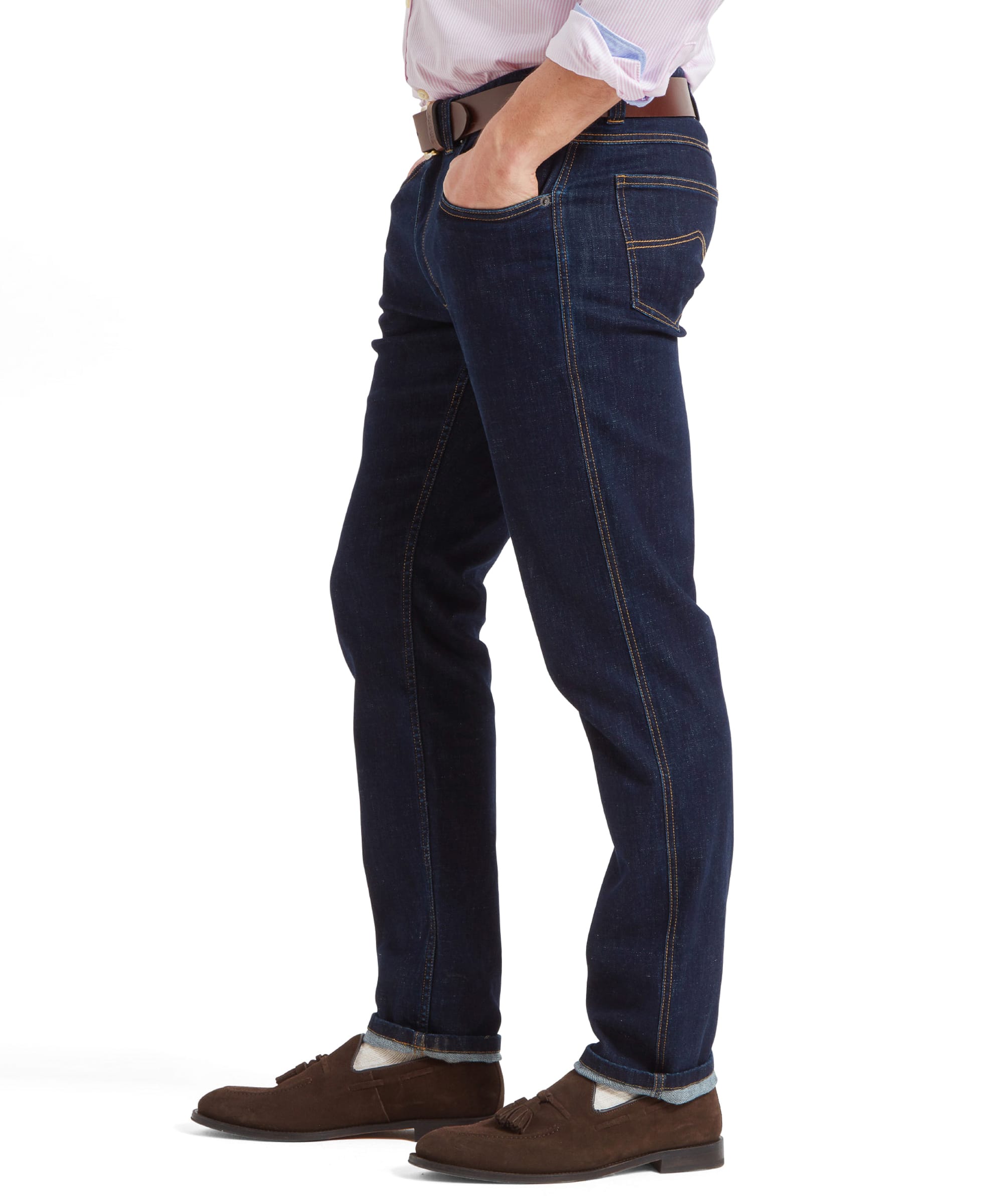 Side view of the Schöffel James Jean for Men in Navy with the models posture in a walking position.