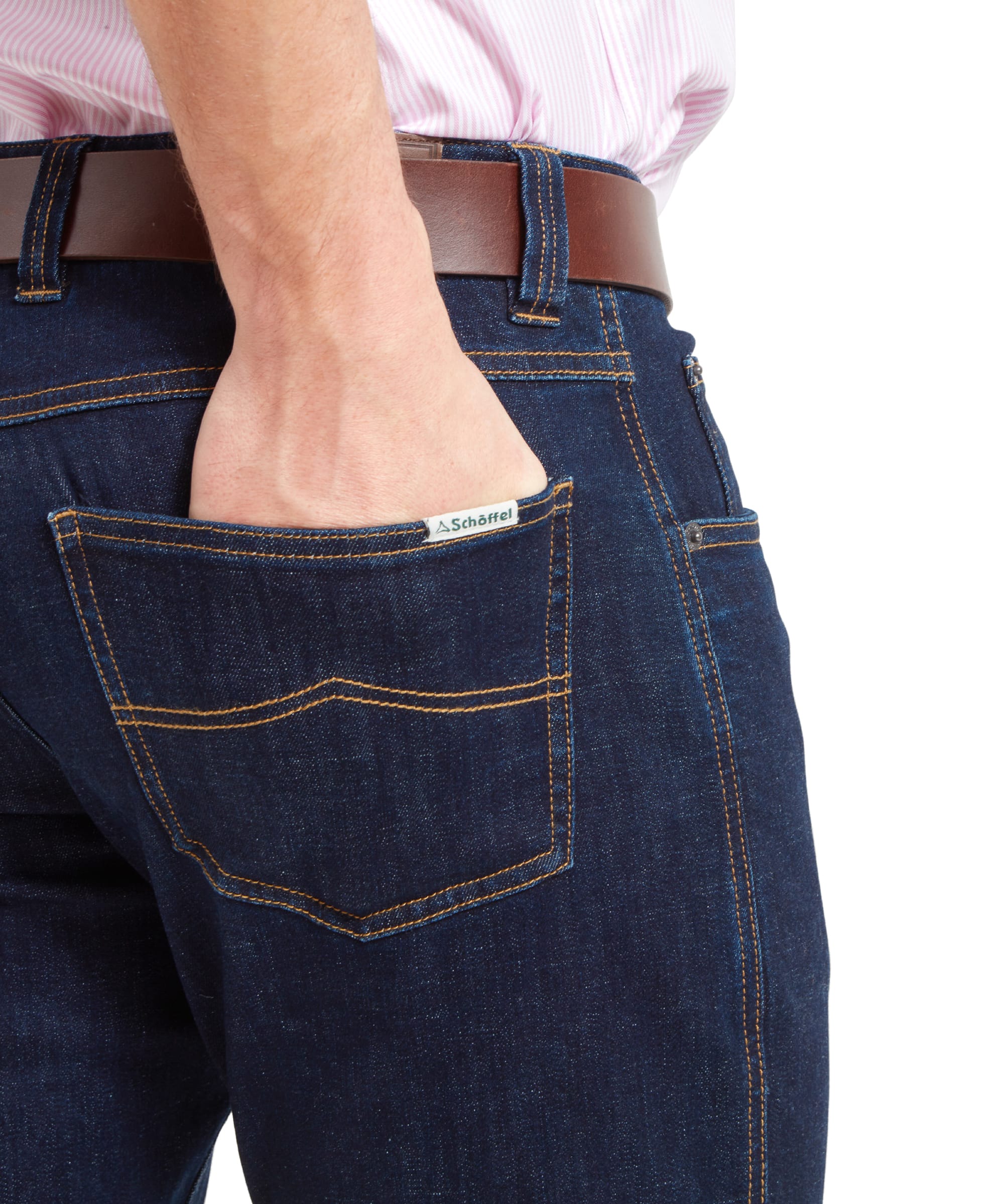 Close-up of the back pocket on the Schöffel James Jean for Men in Navy highlighting the Schöffel branded label on the pocket edge.