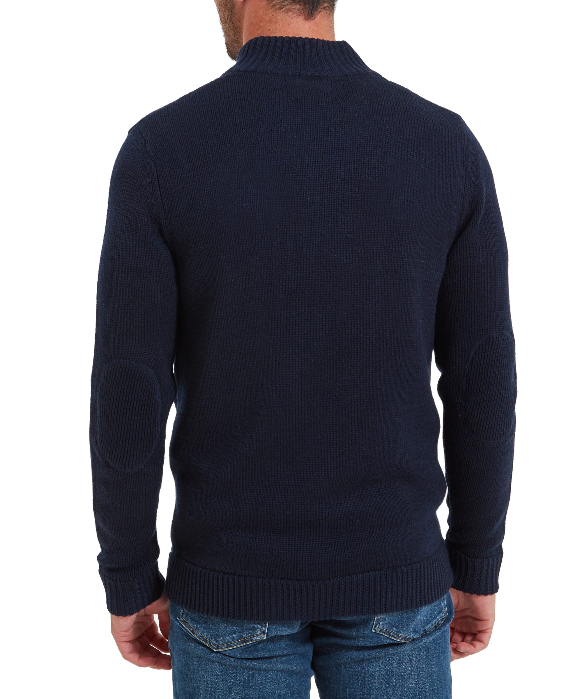 Back view of the Schöffel Kenmore Lambswool Mix Jumper for Men in Navy highlighting the item fit and length.