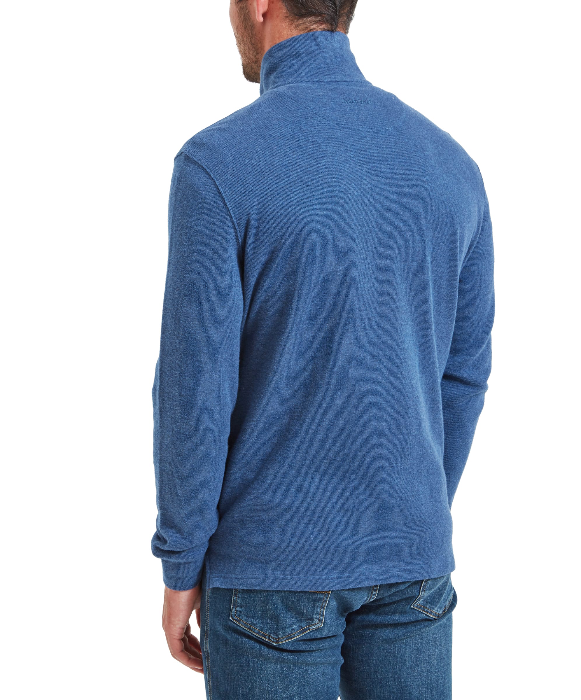 Back view of the Schöffel Kingsbridge Cotton French Rib 1/4 Zip for Men in Blue highlighting the fit and design of the sweater.