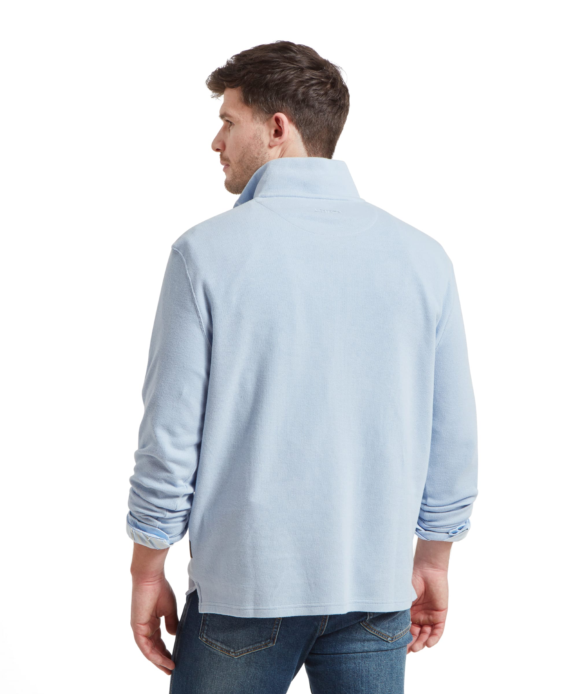 Back view of the Schöffel Kingsbridge Cotton French Rib 1/4 Zip for Men in Light Blue highlighting the fit and design.