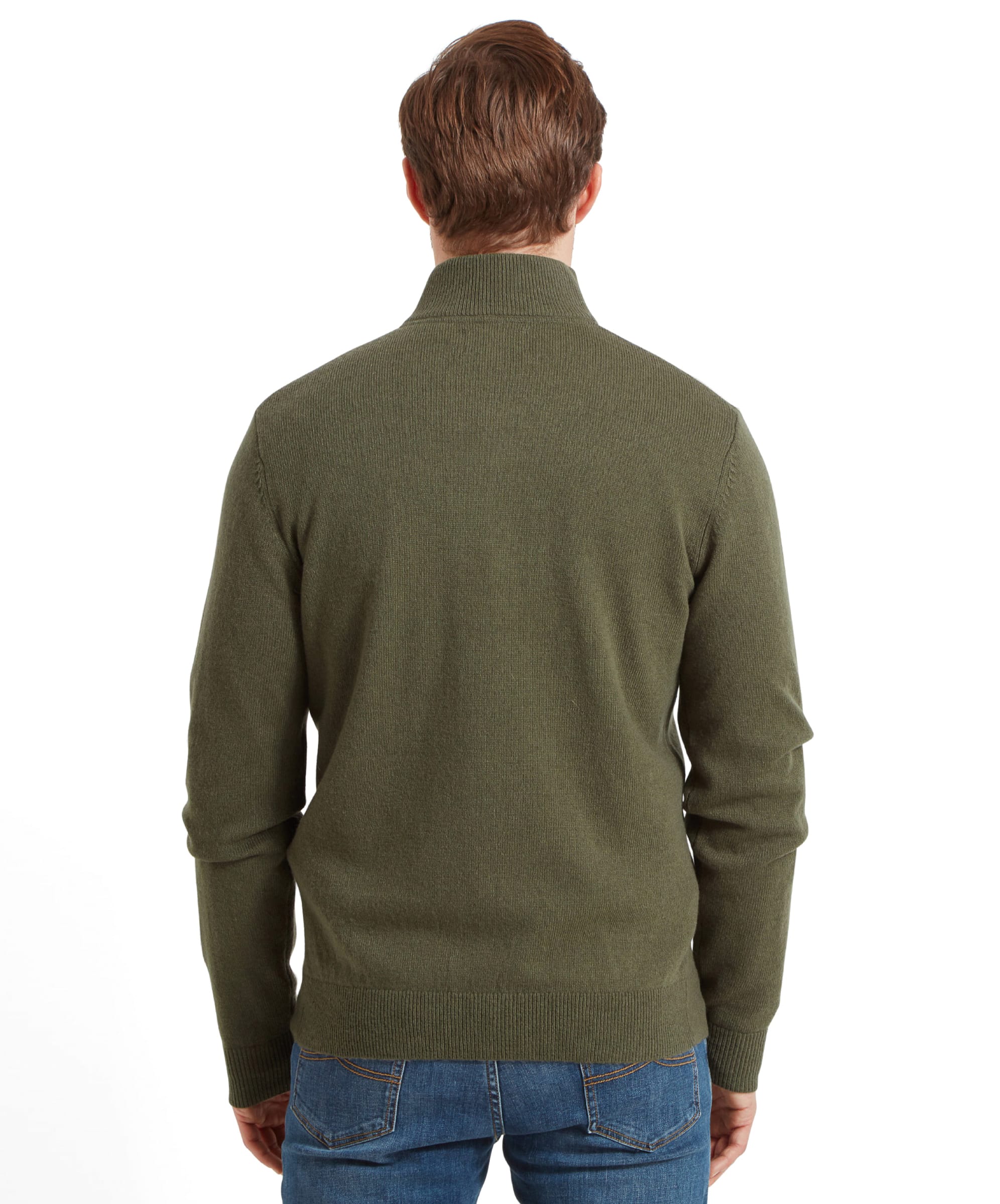 Back view of the Schöffel Lambswool 1/4 Zip for Men in Green highlighted the fit and design.