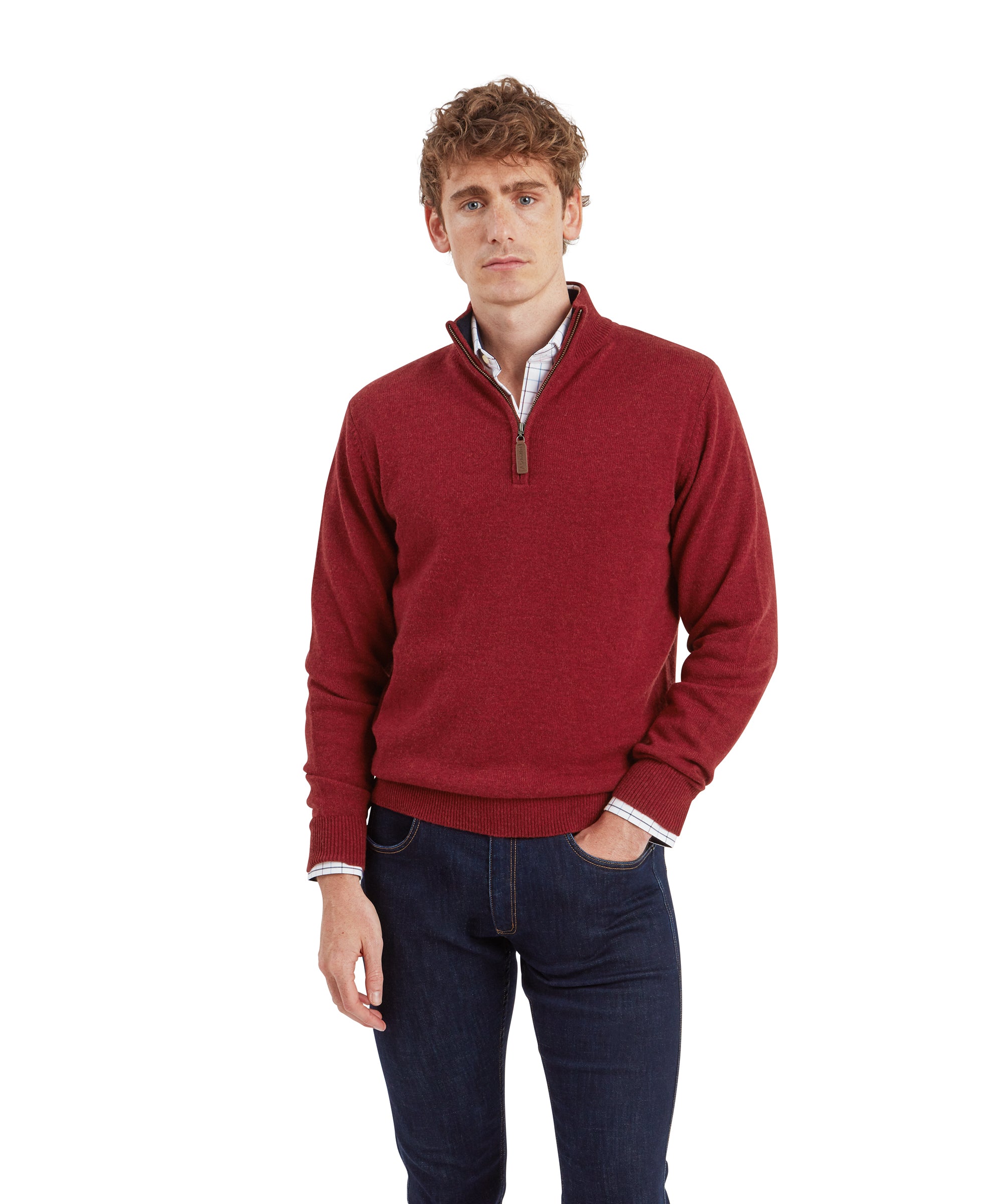 Lewis Lambswool Quarter Zip Jumper - Deep Red