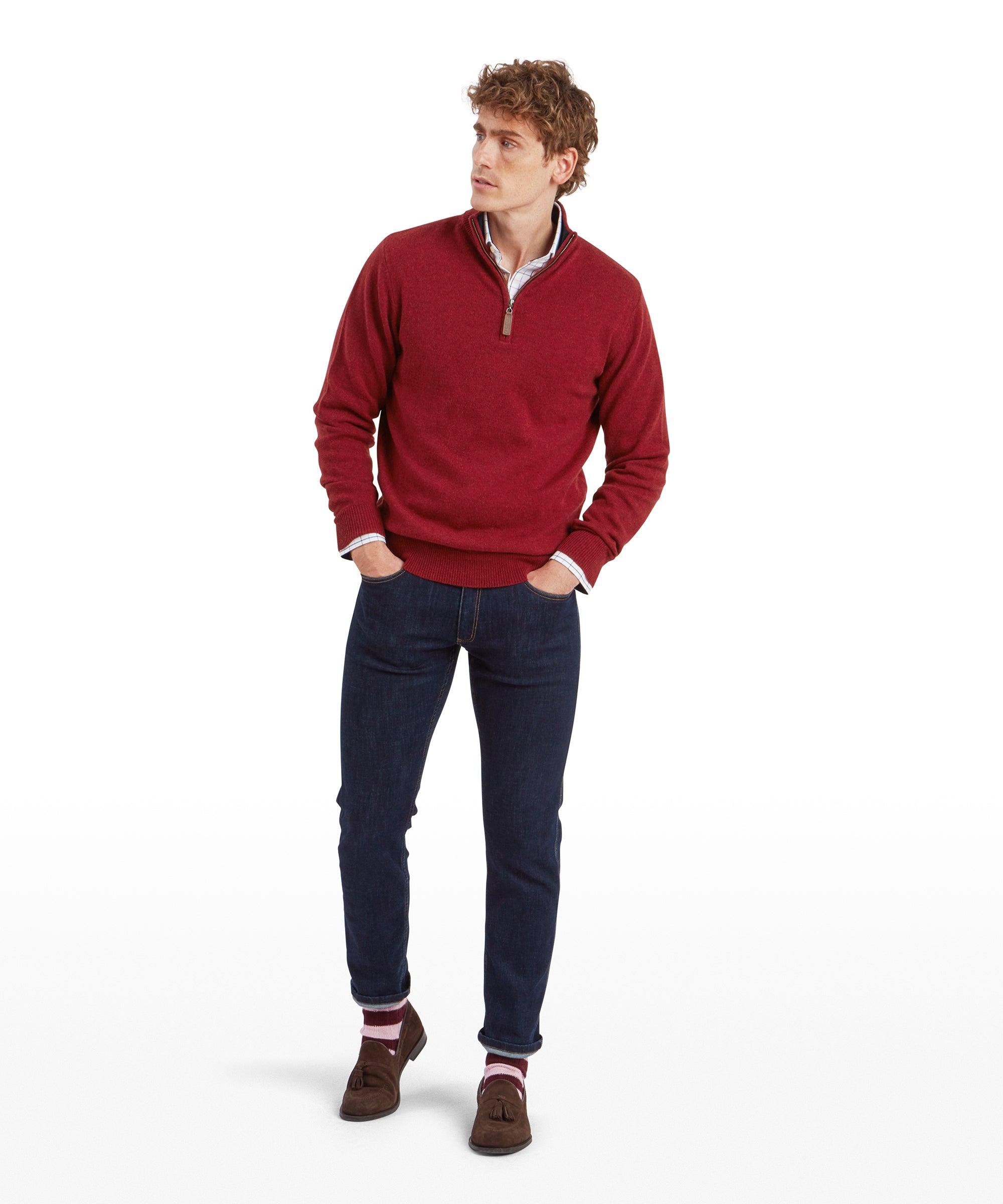 Lewis Lambswool Quarter Zip Jumper - Deep Red