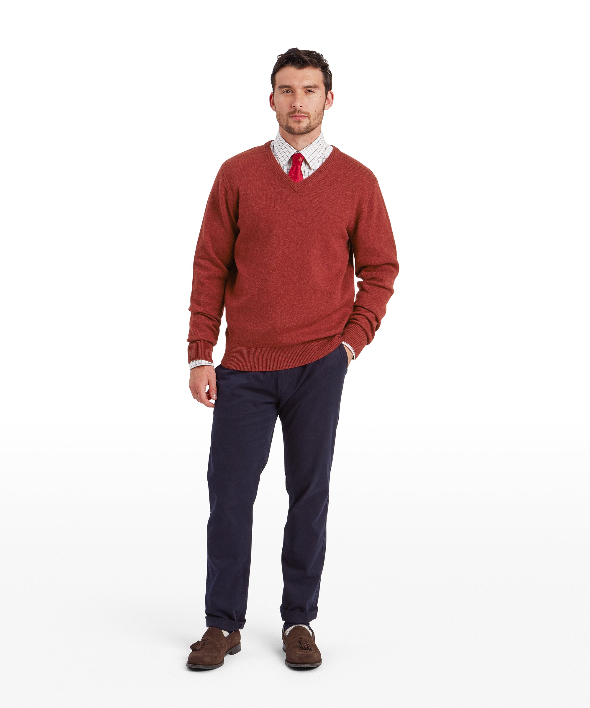 Lewis Lambswool V Neck Jumper - Deep Red