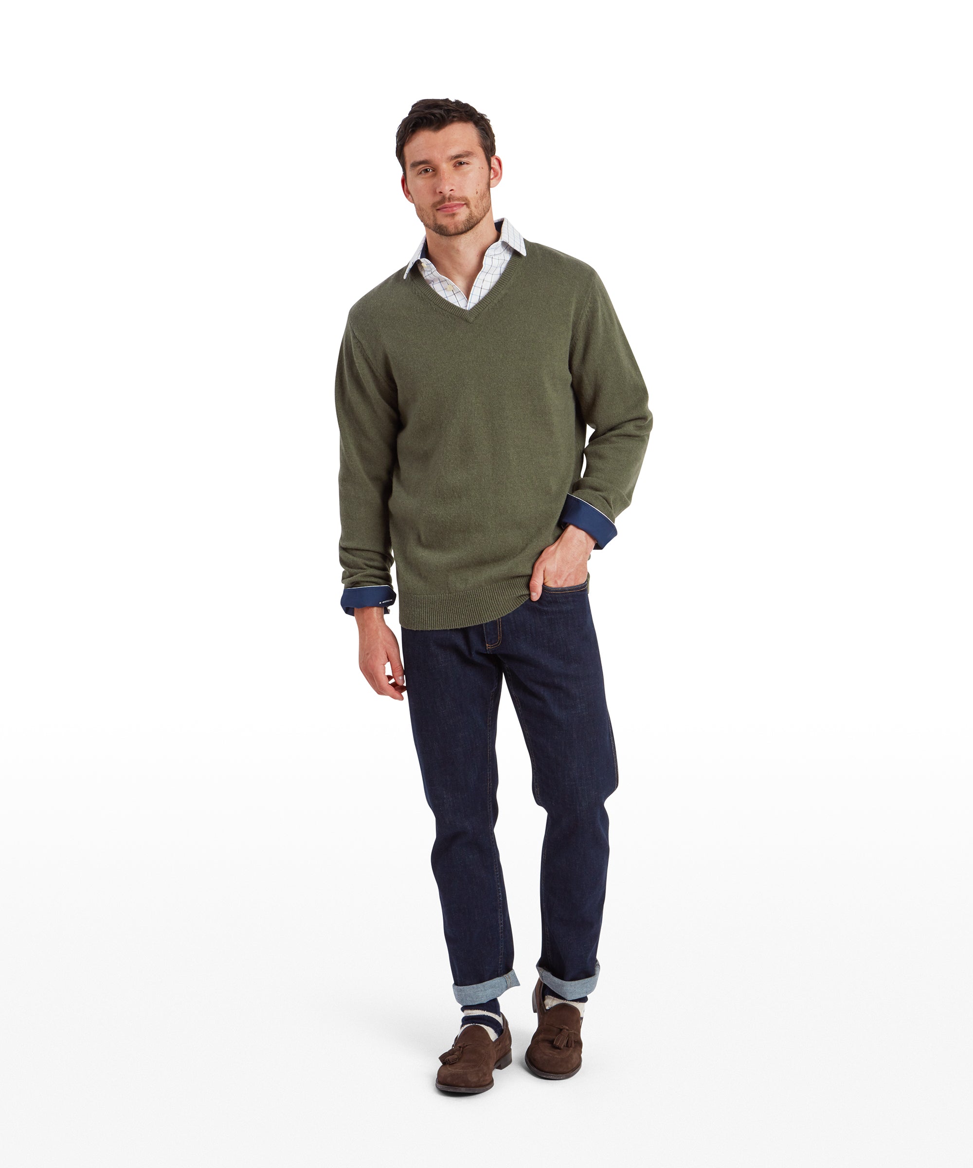 Lewis Lambswool V Neck Jumper - Woodland