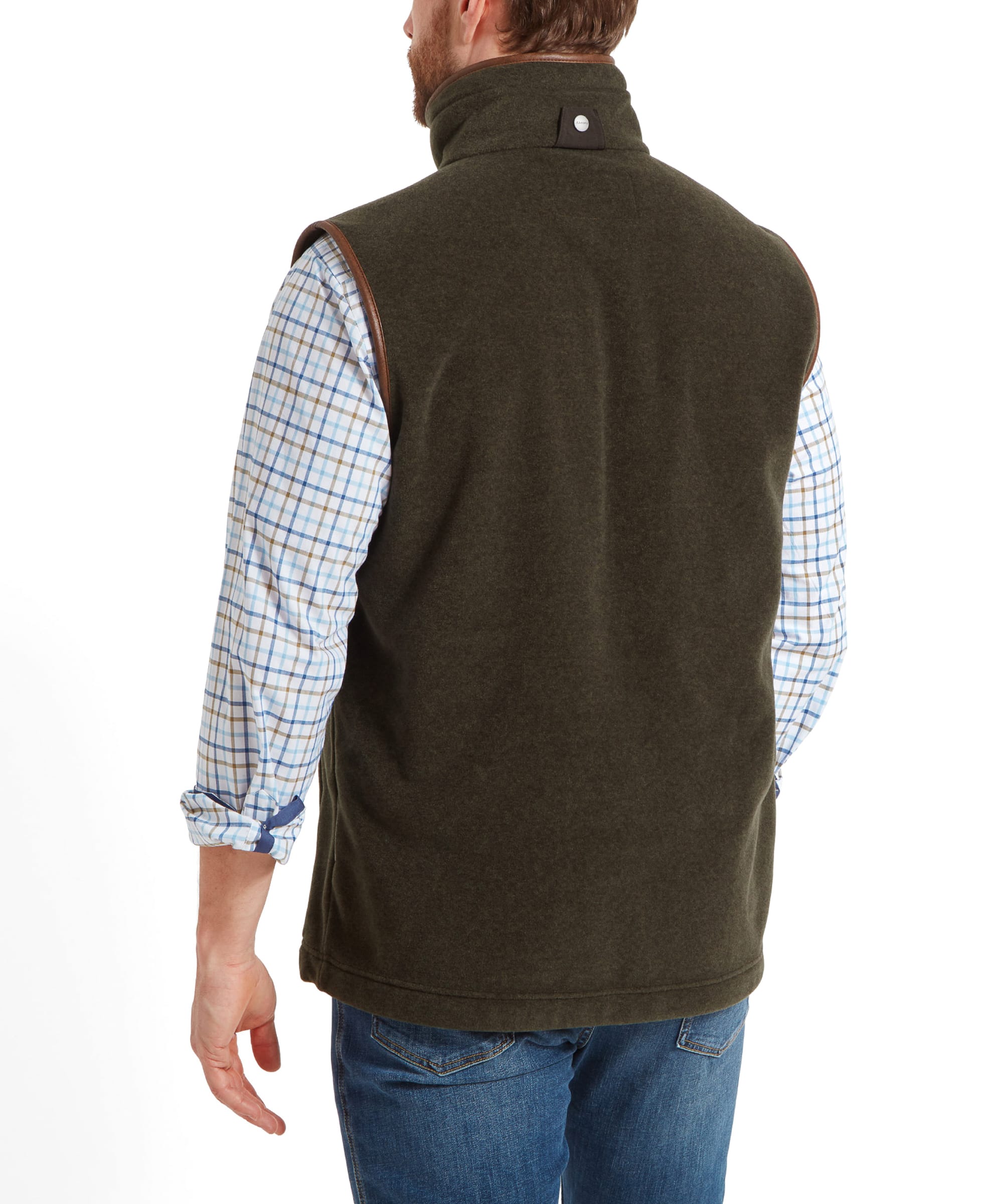 Rear view of a man modeling the Schöffel Oakham Fleece Gilet for Men in Olive Green, showcasing the back design and fit.