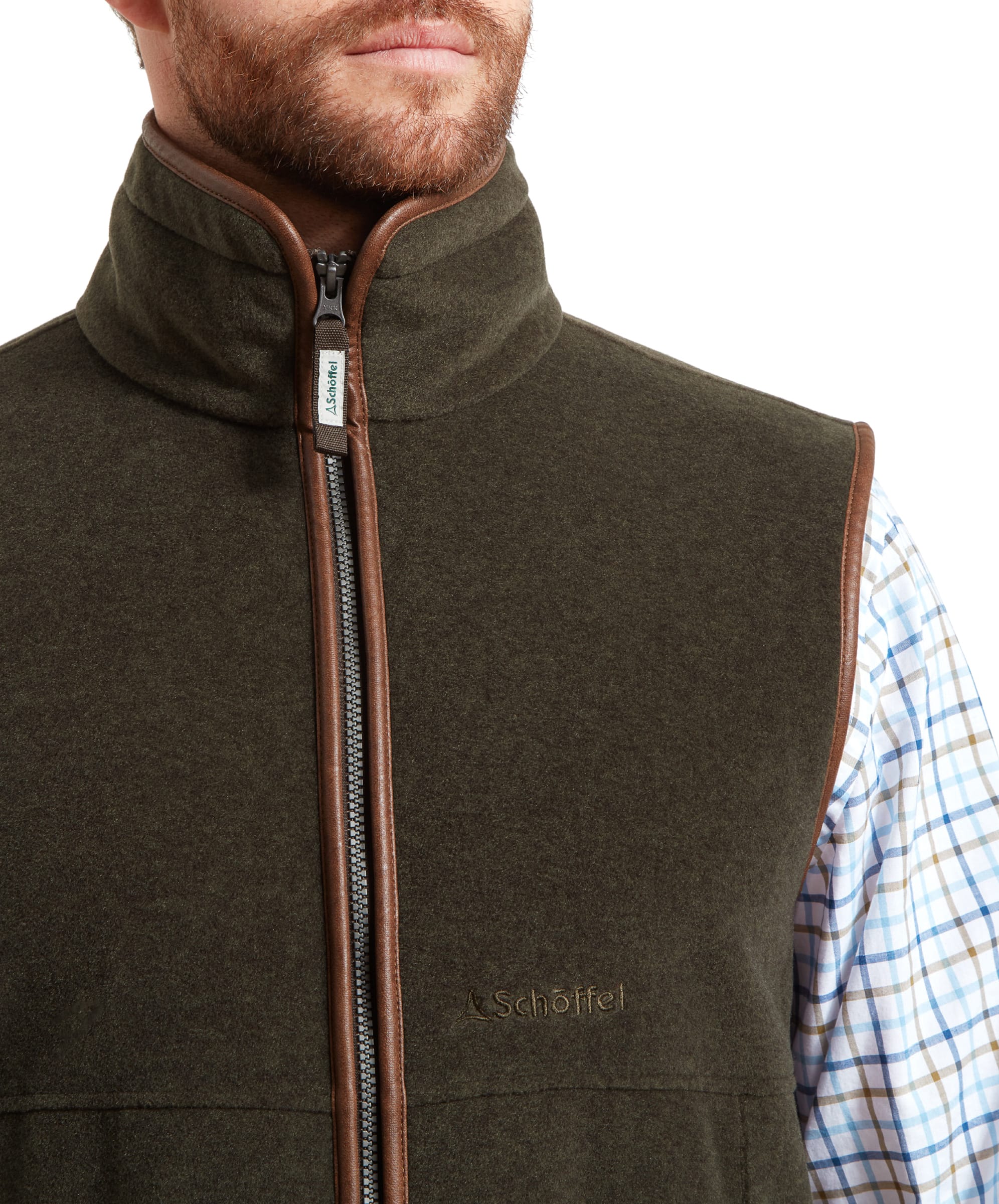 Detail of the zip and collar on the Schöffel Oakham Fleece Gilet for Men in Olive Green, showcasing the brand's logo and craftsmanship.