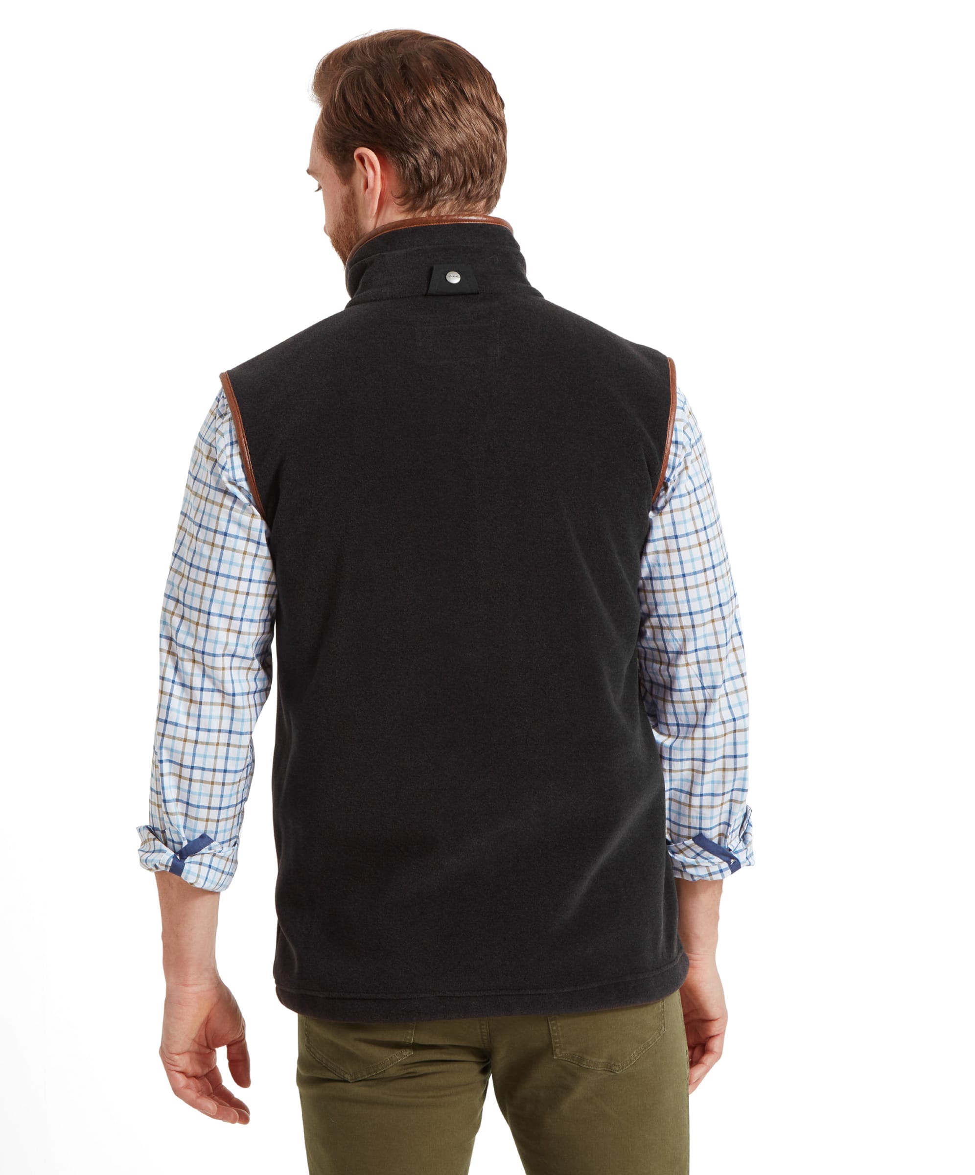 Rear view, displaying the back design of the Schöffel Oakham Fleece Gilet for Men in Grey.