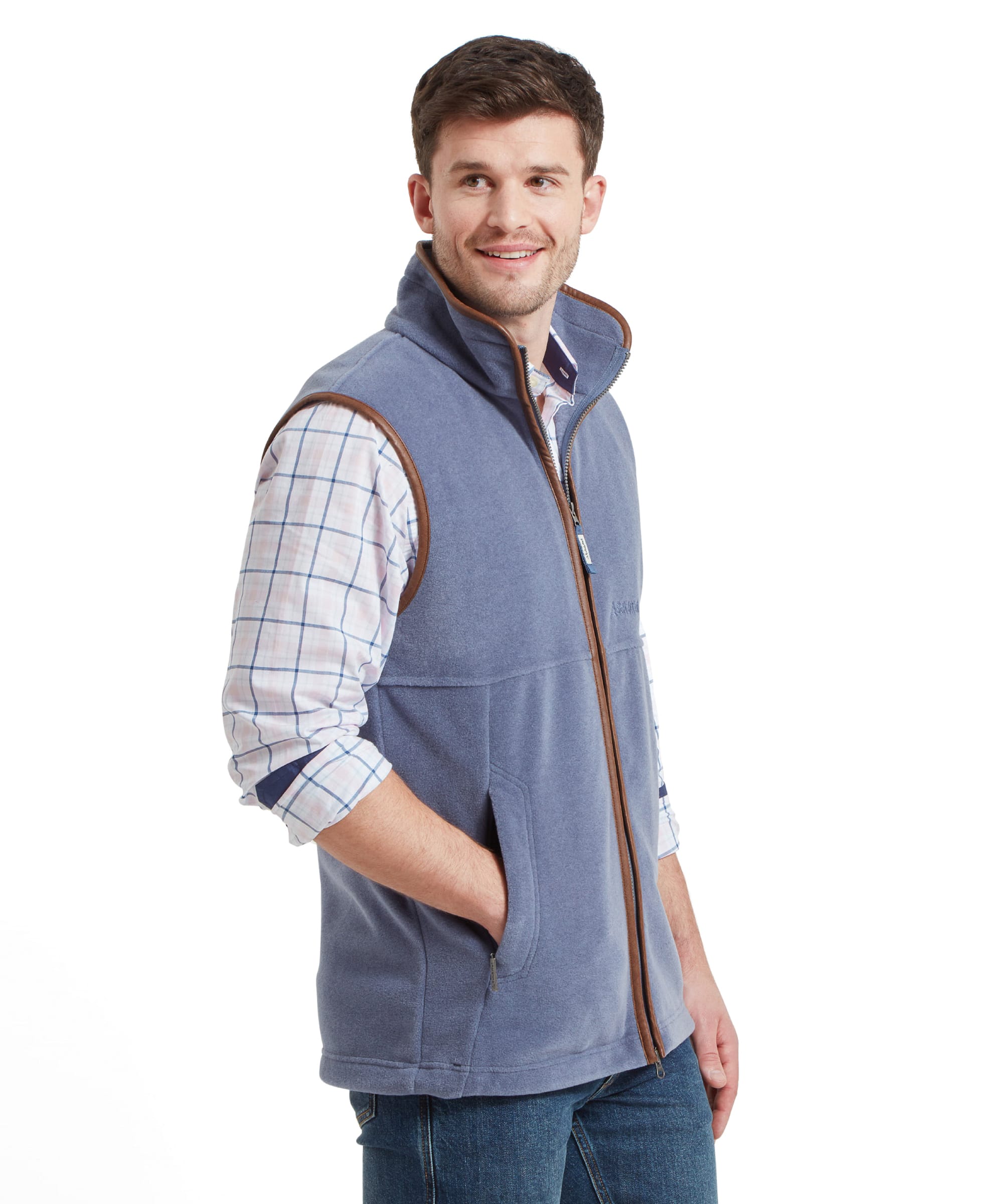 Side view of the Schöffel Oakham Fleece Gilet for Men in Light Blue