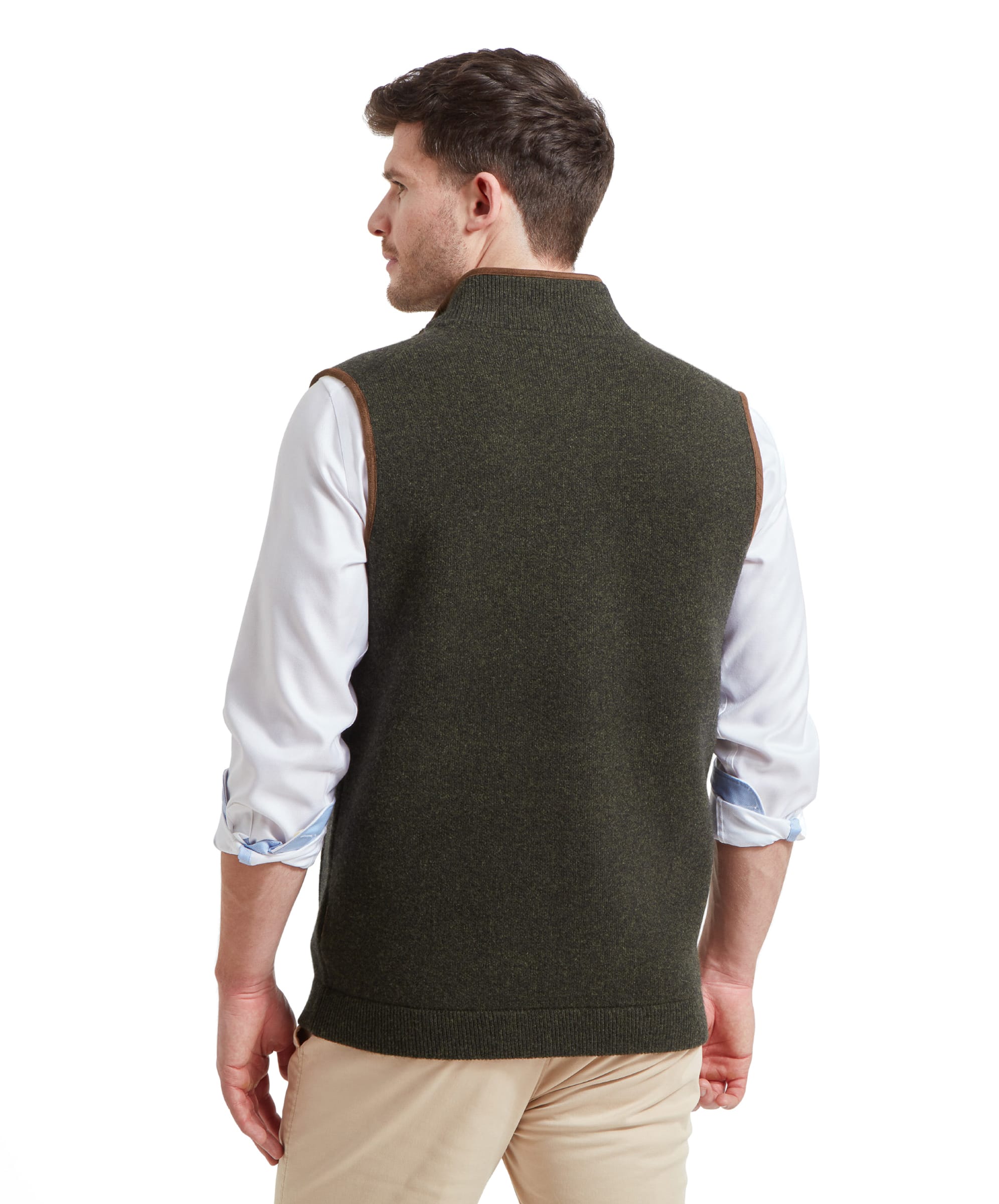 The back view of the Schöffel Orkney Merino Gilet for Men in Green, showcasing the gilet's full length and fit.