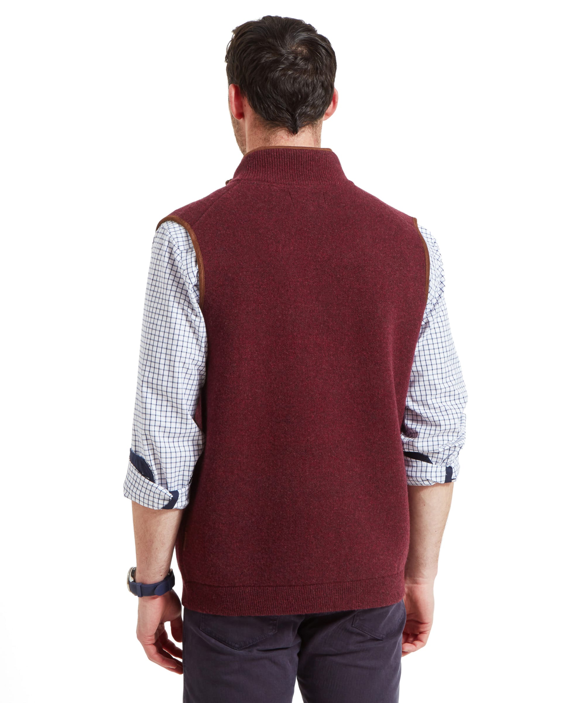 Back view of the Schöffel Orkney Merino Gilet for Men in Red, showing its seamless design and comfortable fit.