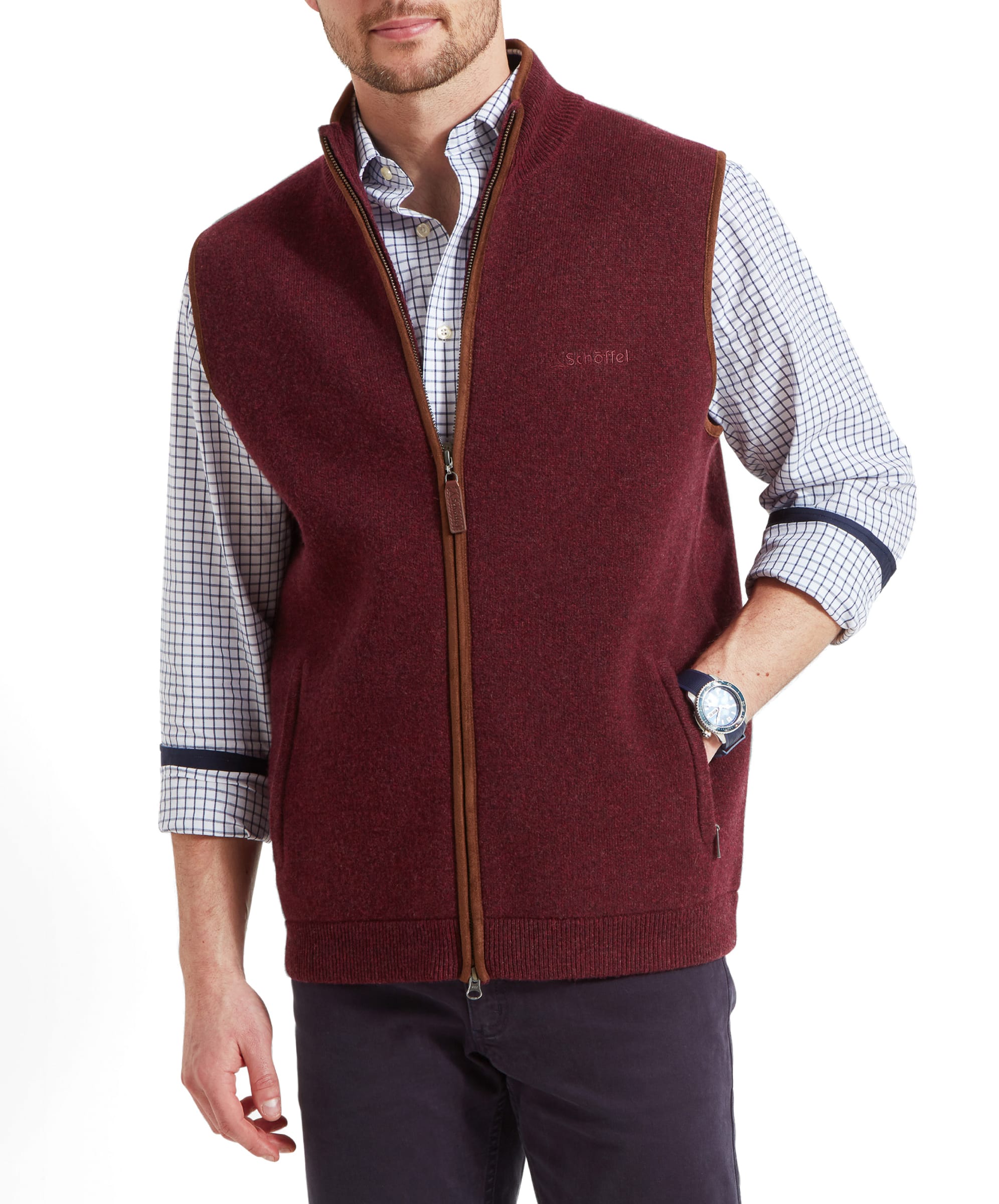 Front view of the Schöffel Orkney Merino Gilet for Men in Red, emphasizing the gilet's high-quality zipper and embroidery.