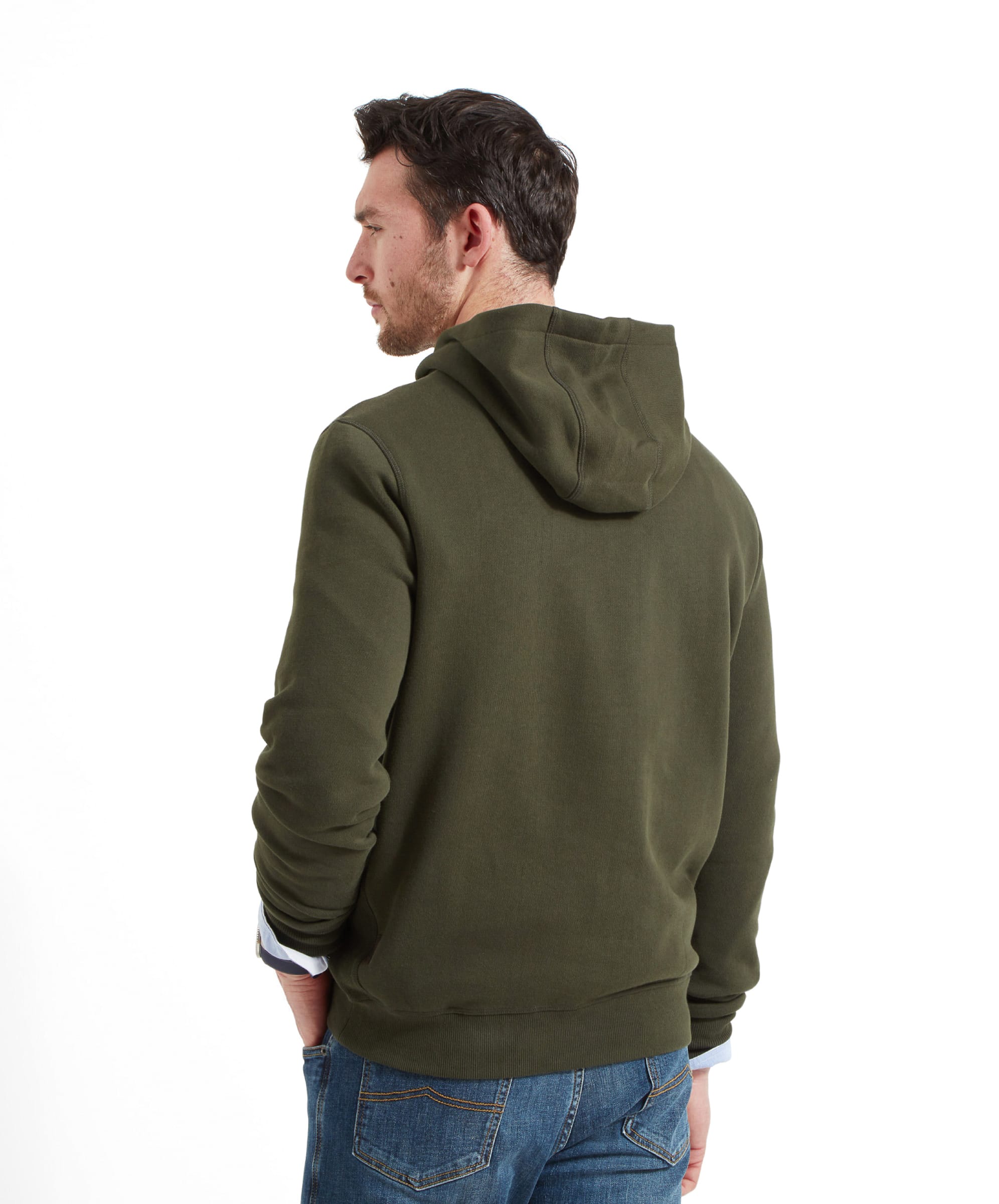 Back view of Schöffel Pentire Heritage Hoodie for Men in Green, focusing on the hood and shoulder seams.