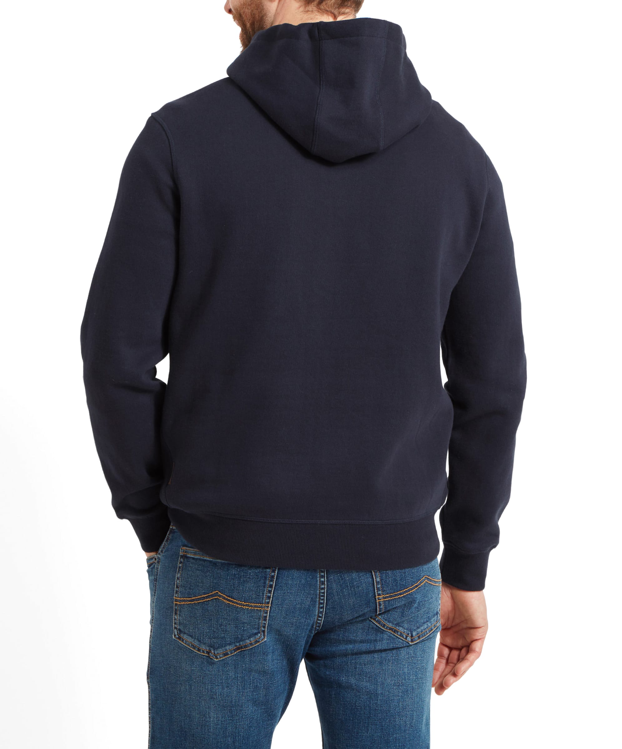 Rear view of the man wearing the Schöffel Pentire Heritage Hoodie for Men in Navy. The hoodie has a simple and clean design at the back, offering a classic and timeless look.