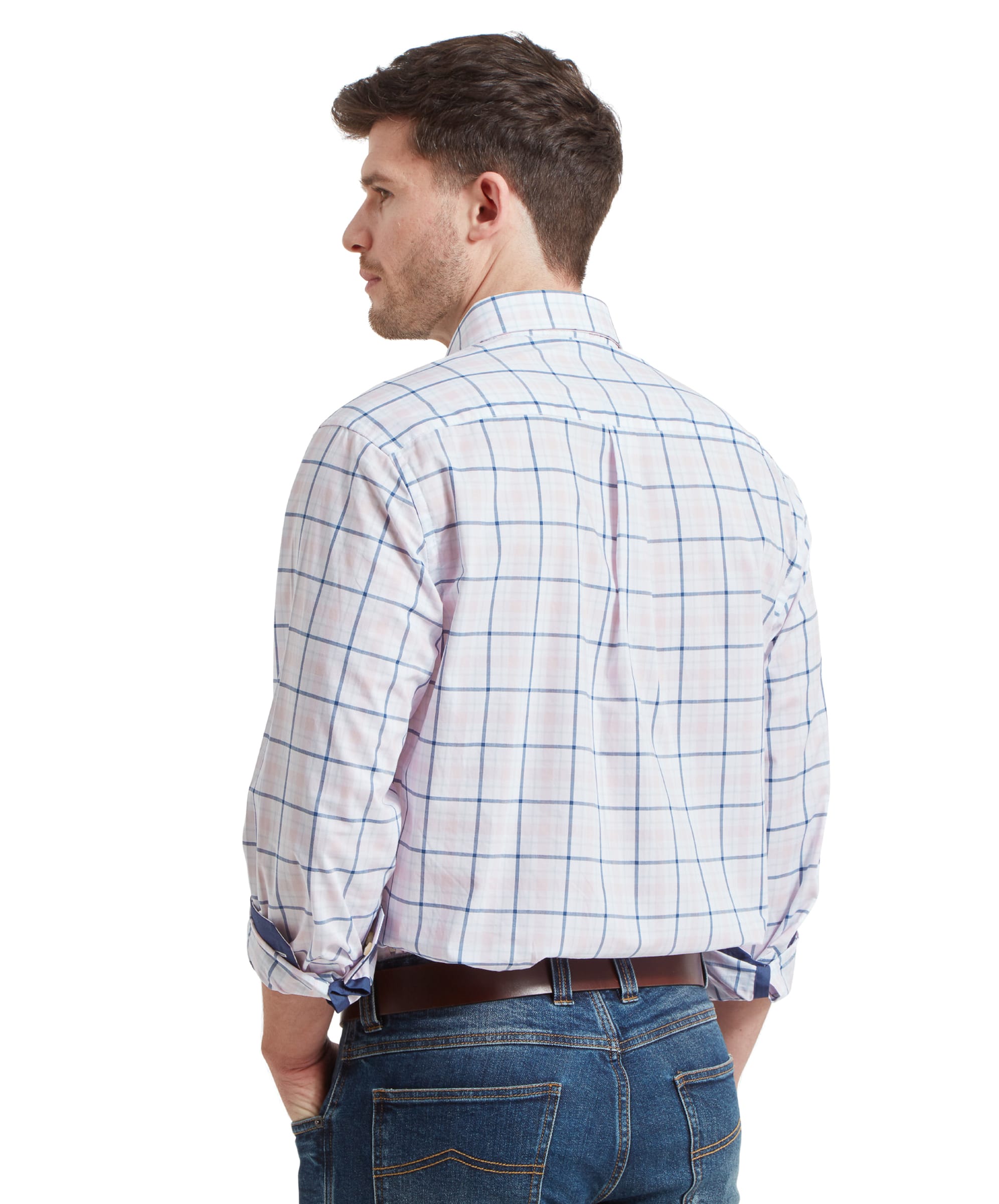 The back view of a man wearing Schöffel Polstead Classic Shirt for Men in Blue, showcasing the fit and plaid pattern.