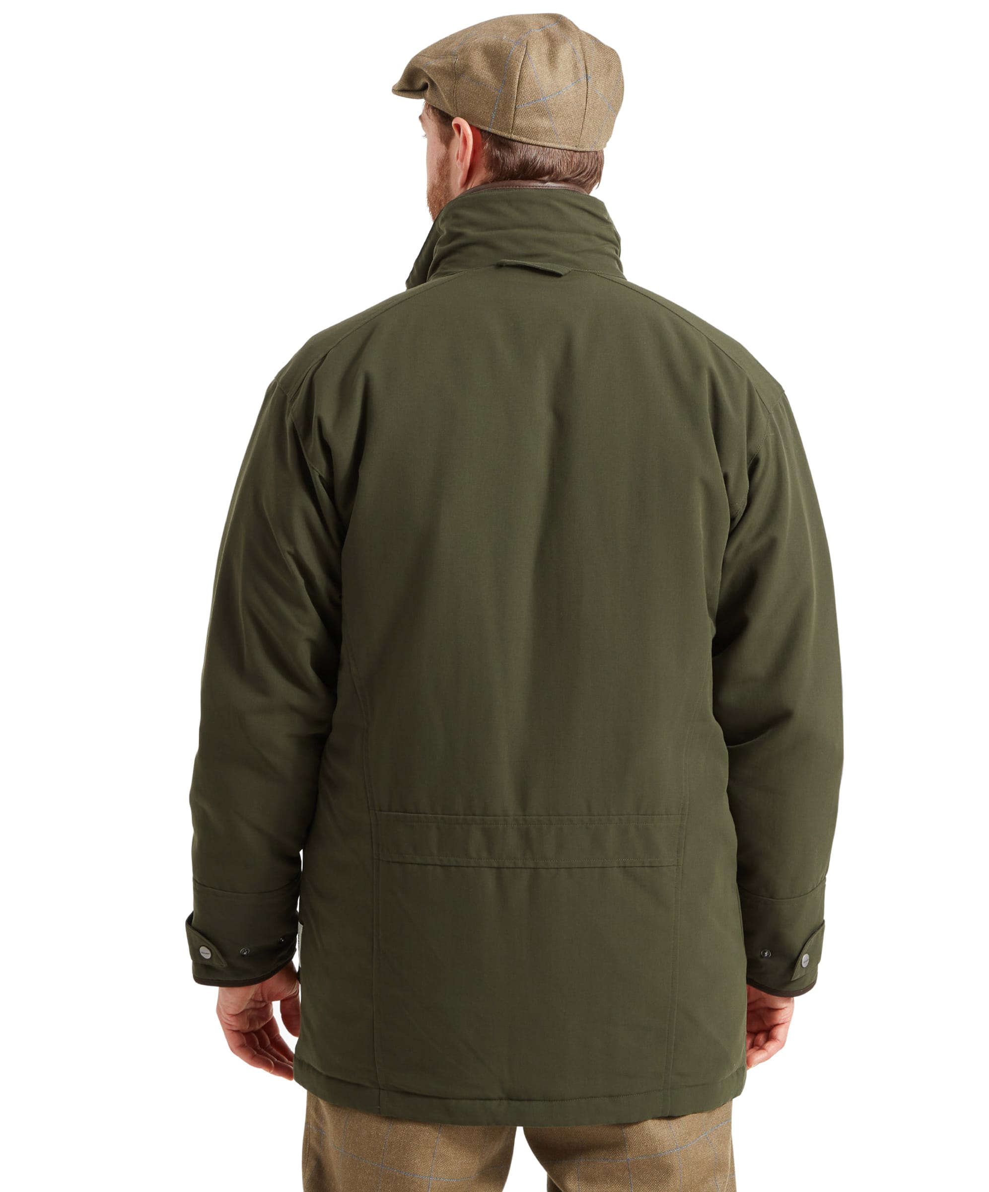 Back view of the Schöffel Ptarmigan Classic Coat for Men in Green, highlighting the coat's length and fit, as the man looks over his shoulder slightly.