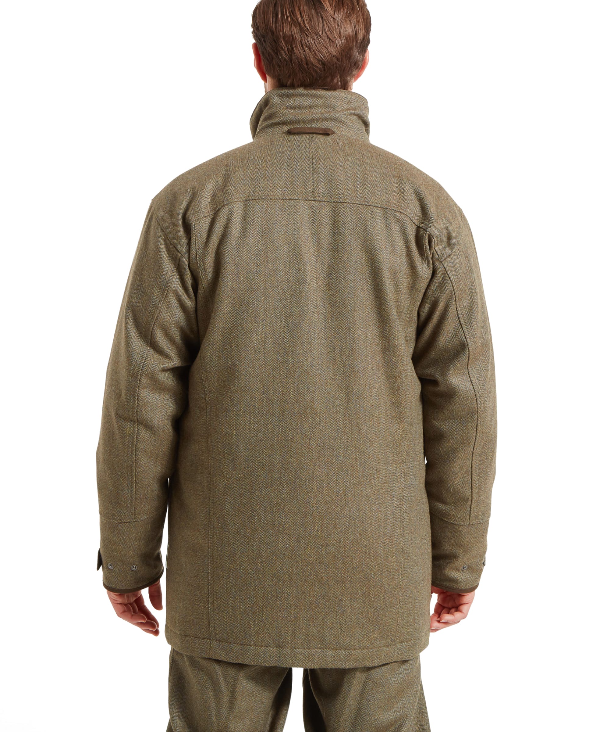 Back view of the Schöffel Ptarmigan Tweed Classic Coat for Men in Green, highlighting the coat’s design.