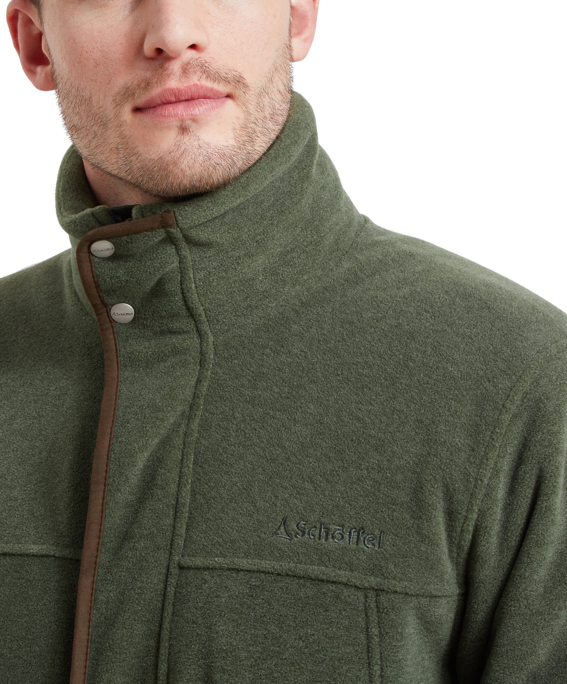 Close-up of the collar and zipper detail on the Schöffel Rutland Fleece for Men in Green, highlighting the Schöffel embroidery on the chest.