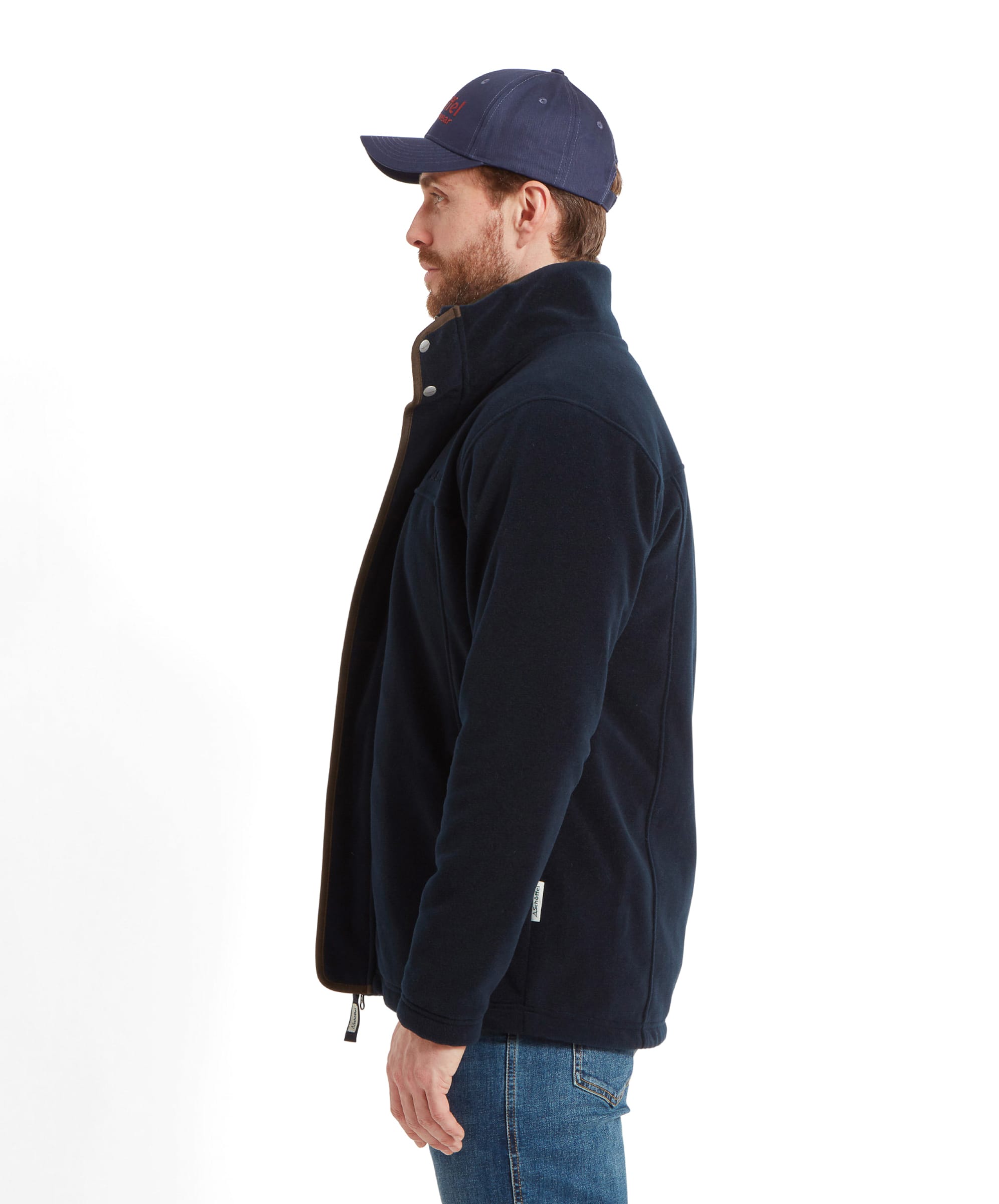 Side profile of a man modelling the Schöffel Rutland Fleece for Men in Navy highlighting the fit and design.