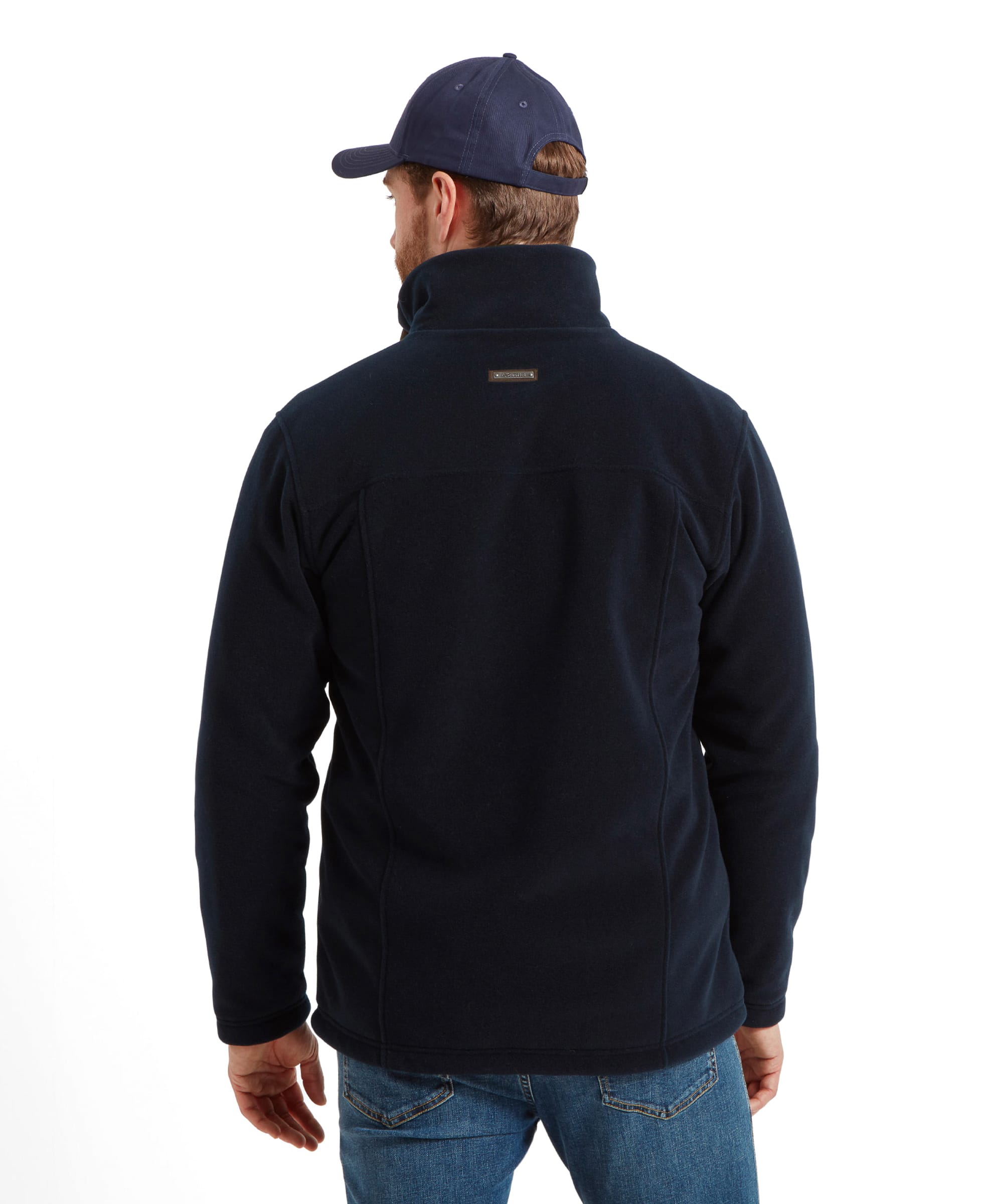 Back view of a man wearing the Schöffel Rutland Fleece for Men in Navy highlighting the design and seam details.