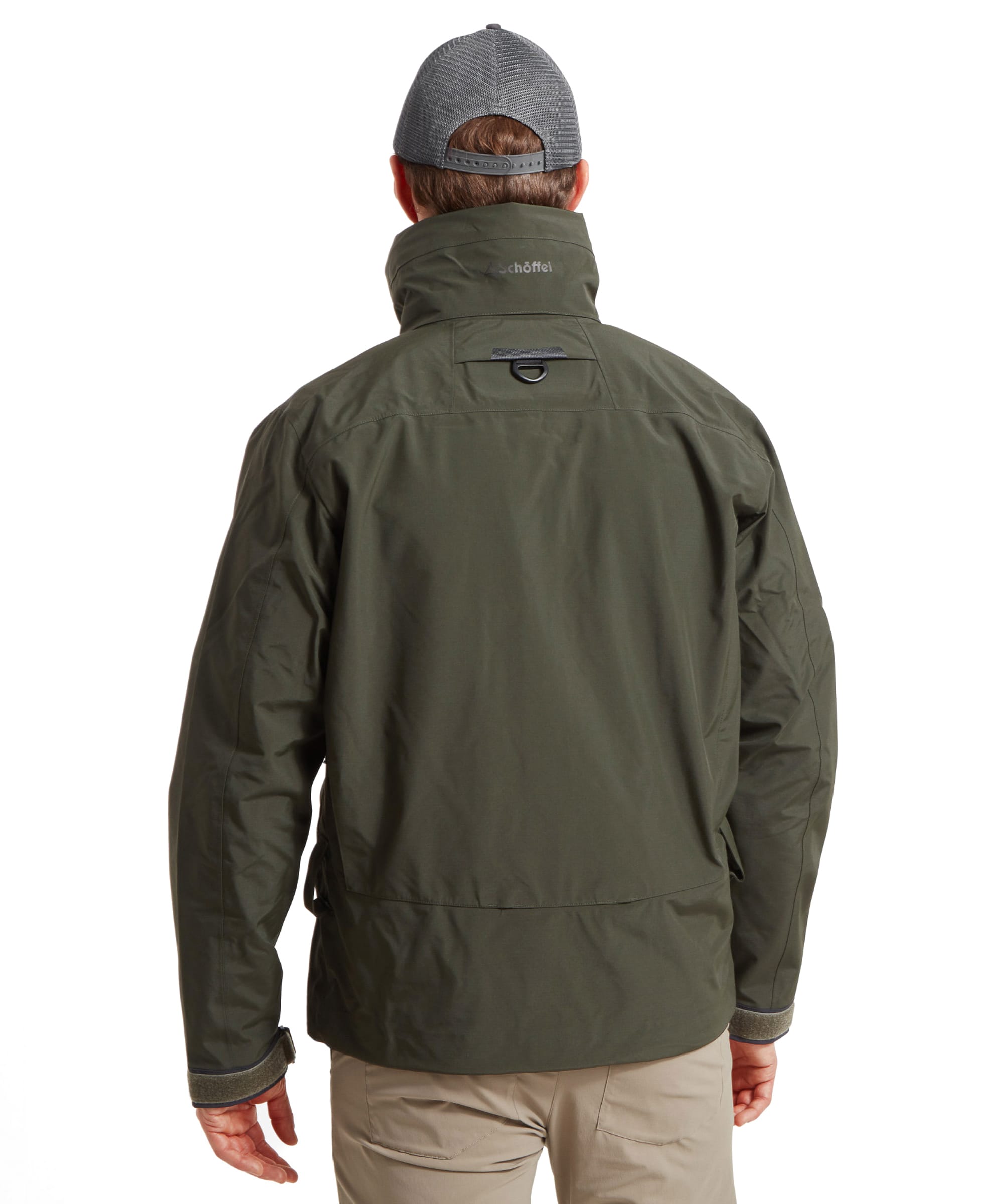 Back view of the Schöffel Salar II Wading Jacket for Men in Green highlighting the cut and fit, design, technical details with the Schöffel logo on the back of the neck and d-ring detail.